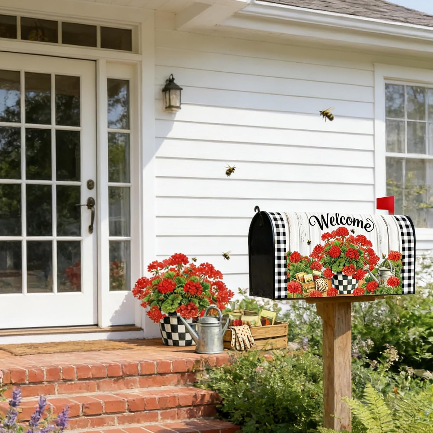 Geranium Flowers Mailbox Cover, 21"x18" Spring Magnetic Mailbox Cover Standard Size, Red Floral Buffalo Plaid Check Post Letter Box Wraps for Outside Holiday Garden Yard Outdoor Home Decor