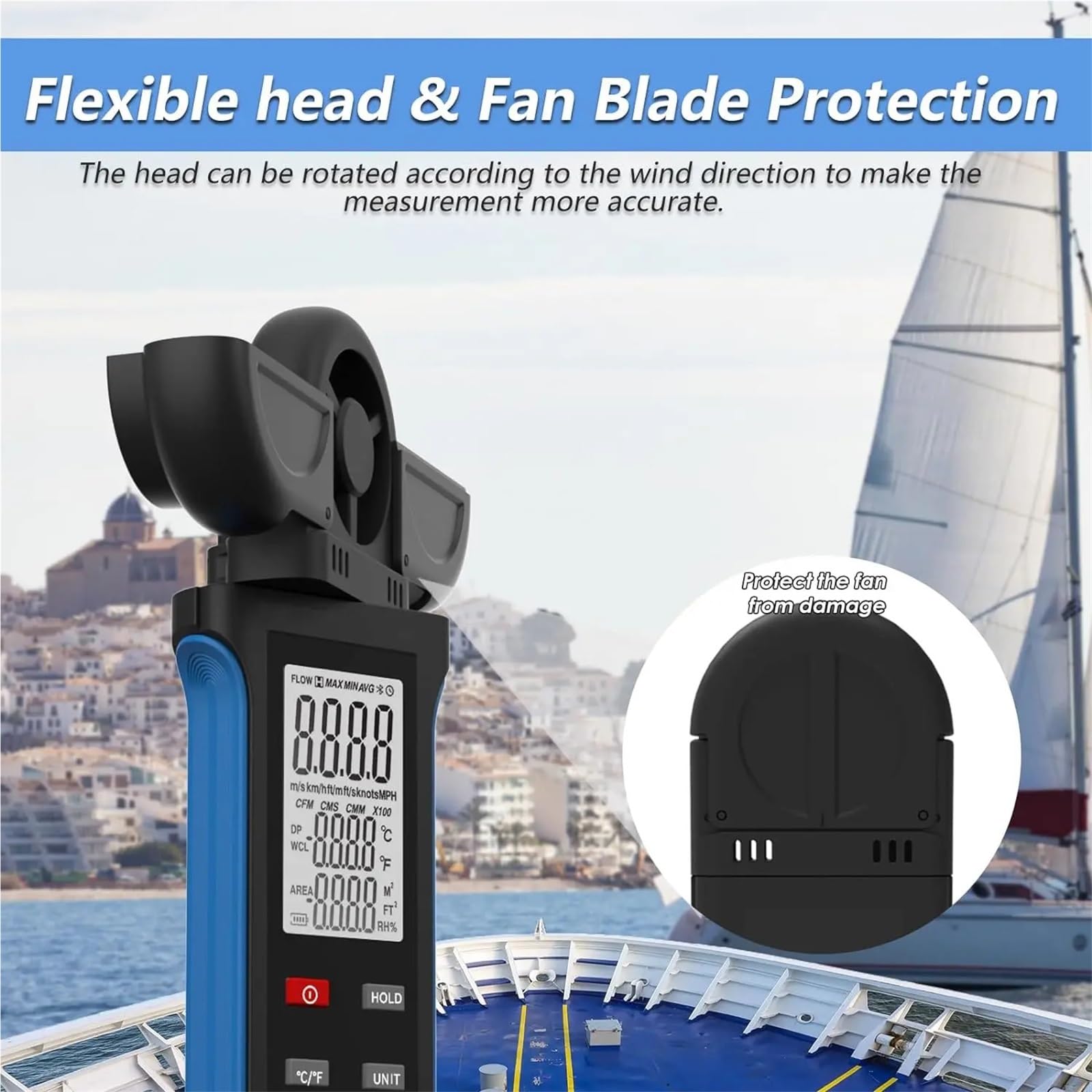 Anemómetro Portátil, Anemómetro de mano con detector giratorio de 270° y cubierta de paleta, medidor digital de velocidad del viento.
