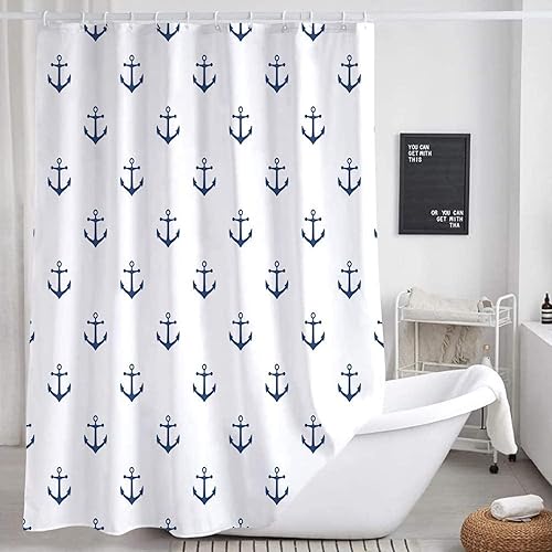DYNH Cortina de ducha con ancla náutica para baño, color azul marino y blanco, juego de cortinas de ducha de tela costera playera, decorativo,