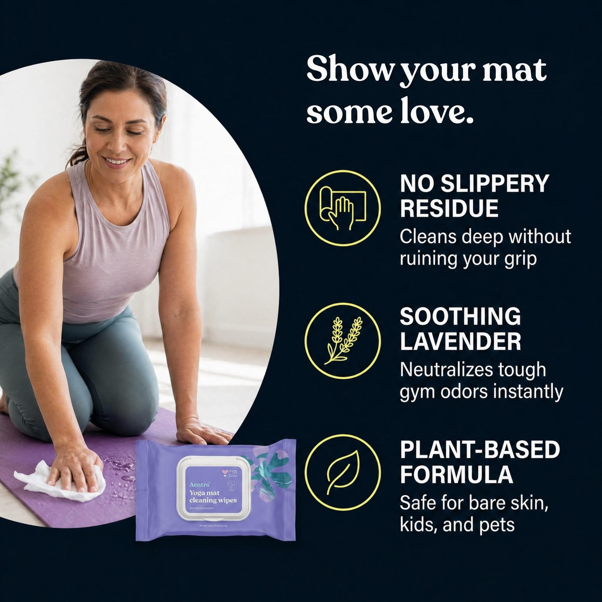ASUTRA Toallitas de limpieza para esterilla de yoga (lavanda encantadora), 3 bolsas (30 toallitas cada una), sin residuos resbaladizos, limpieza profunda para equipo de fitness y equipo de gimnasio