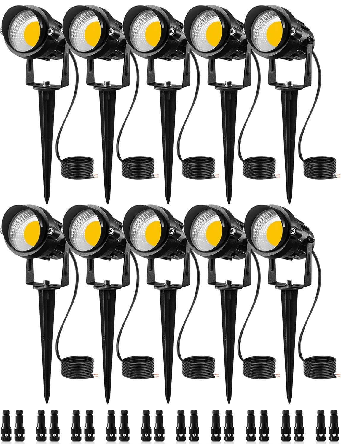 Photo 1 of SUNVIE 12W Low Voltage LED Landscape Lights with Connectors, Outdoor 12V Super Warm White (900LM) Waterproof Garden Pathway Lights Wall Tree Flag Spotlights with Spike Stand (10 Pack with Connector)