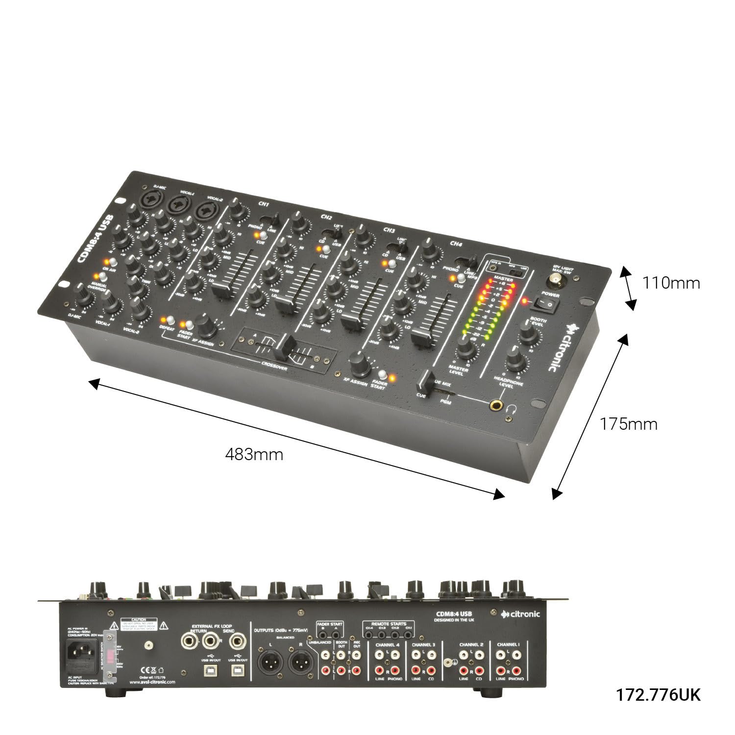 Citronic | CDM8: 4 USB 19-Inch 14 Input Rack DJ Mixer with 4