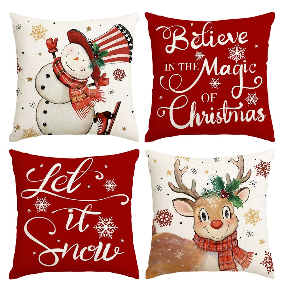 ZWOOS Kissenbezug Weihnachten, Kissen Weihnachten Modisches Rentier, Schneemann, Handschuh 40cm×40cm, Weihnachtskissenbezug Geeignet Für Schlafzimmer, Wohnzimmer, Büro Kissen Dekoration
