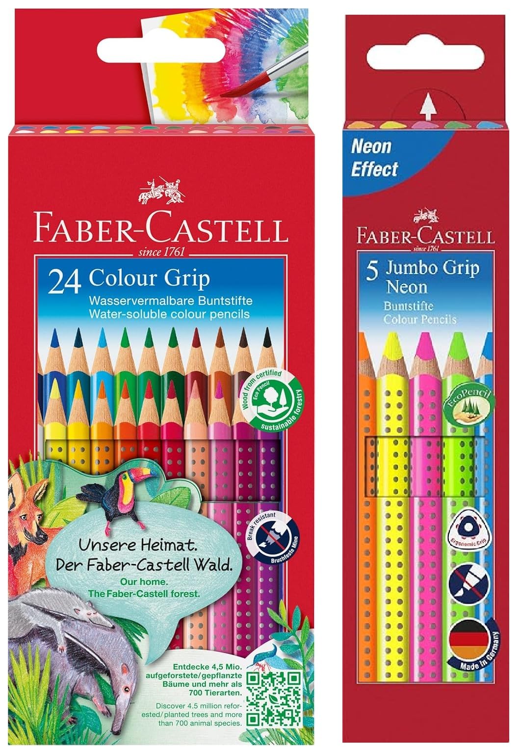 Faber-Castell 112424 Colour Grip Buntstifte für Kinder, 24er-Buntstifte-Set, Malstifte mit Grip und dreieckigem Schaft, wasserlöslichen Pigmenten (24 Stück + 5 Jumbo Neon)