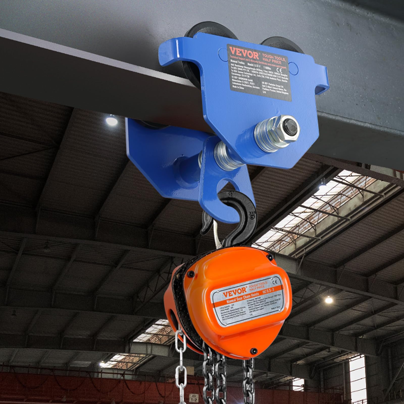VEVOR Chariot Porte-palan Manuel, Charge 0,5 Tonne, Chariot à Poutre poussée 2 Roues, réglable pour Largeur Poutre I 63,5-139,7 mm, palan de Garage en Acier allié pour Poutre en I Droite et incurvée