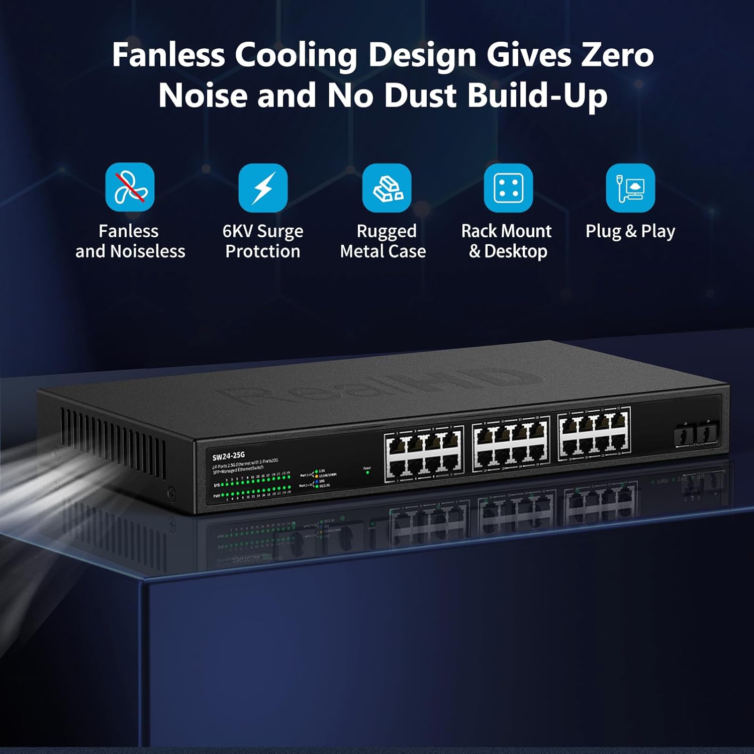24 Port 2.5Gb Ethernet Network Switch 24 x 2.5 Gigabit Base-T Port | 2 x 10G SFP+ | Compatible with 10-100-1000Mbps | Fanless Metal Internet Switch | 19 Inch Rack Mount | 160G Bandwidth