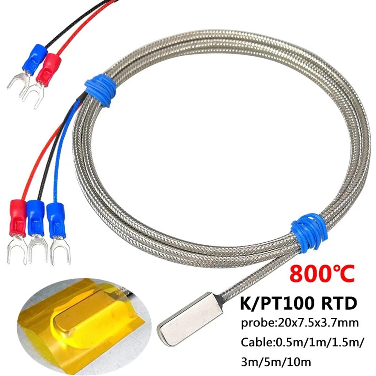 Sensor de Temperatura de Parche de medición de Superficie Pegado de Acero Inoxidable PT100K | Cable blindado de 1-20 m Resistencia térmica de 3 hilos(PT100 Type Cable 13m)