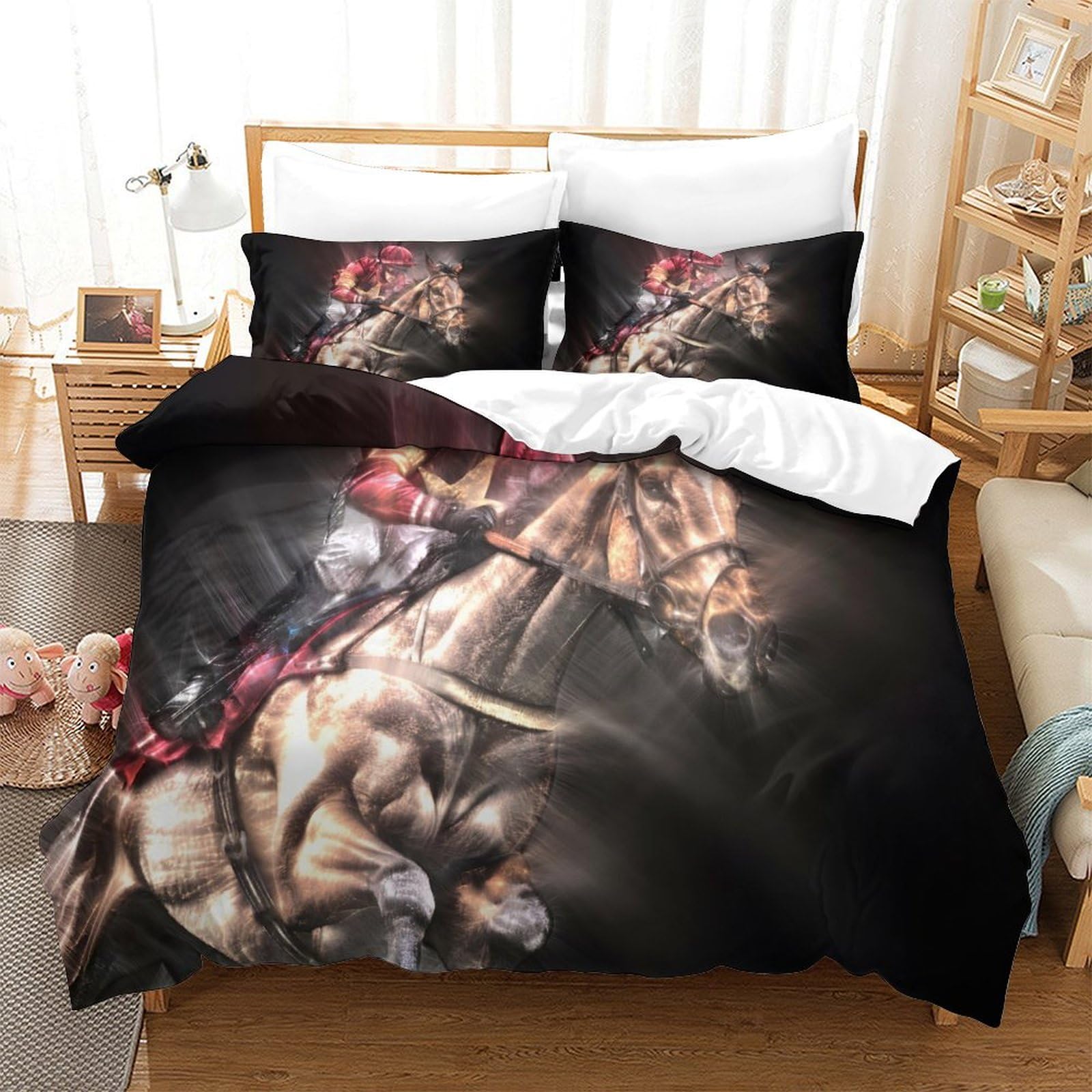 LIAOHENKAN A Jockey On Horse Glow Teens Soft Microfiber Bedding Set Full Size 3Pcs Comforter Set with Zipper Closure Ultra Soft Quilt Set Duvet Cover Set Breathable Room Decor Single（140x200cm）
