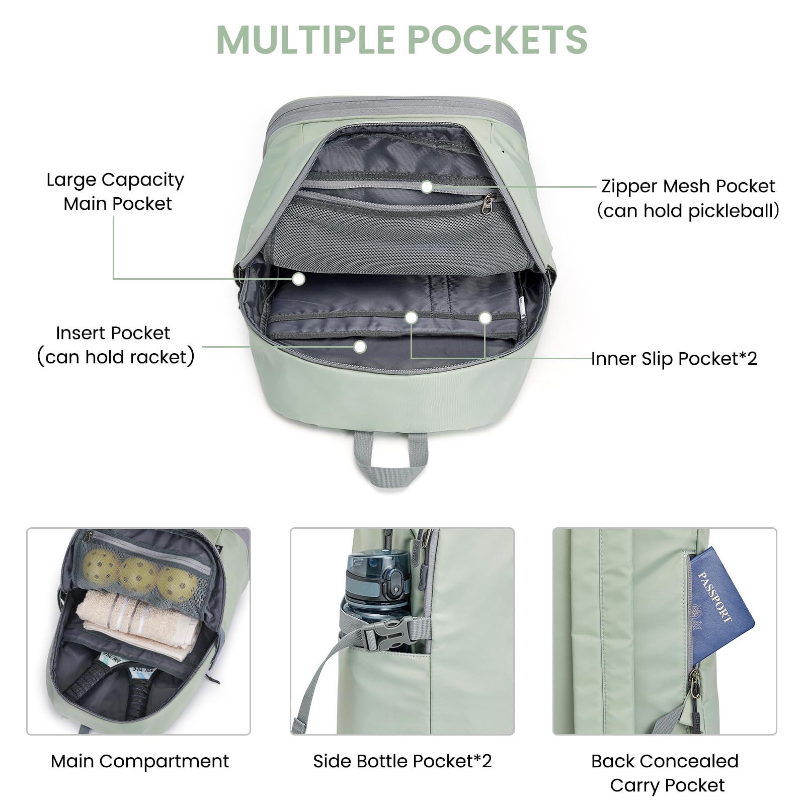 G4Free Pickleball Backpack for Men Women Lightweight Gym Sports Swim Backpack, Light Green, 35L - Image 4