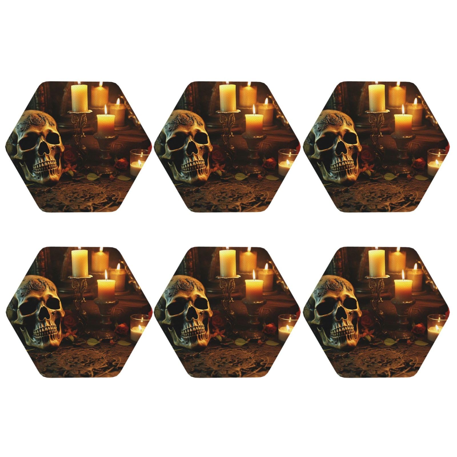6Pcs PU Leather Coaster for Drinks, Candles and Scary Skull Cup Coastersr 4" Cup Mat Pad, Aesthetic Drink Coasters for Coffee Table, Hexagon Coaster for Tabletop Protection