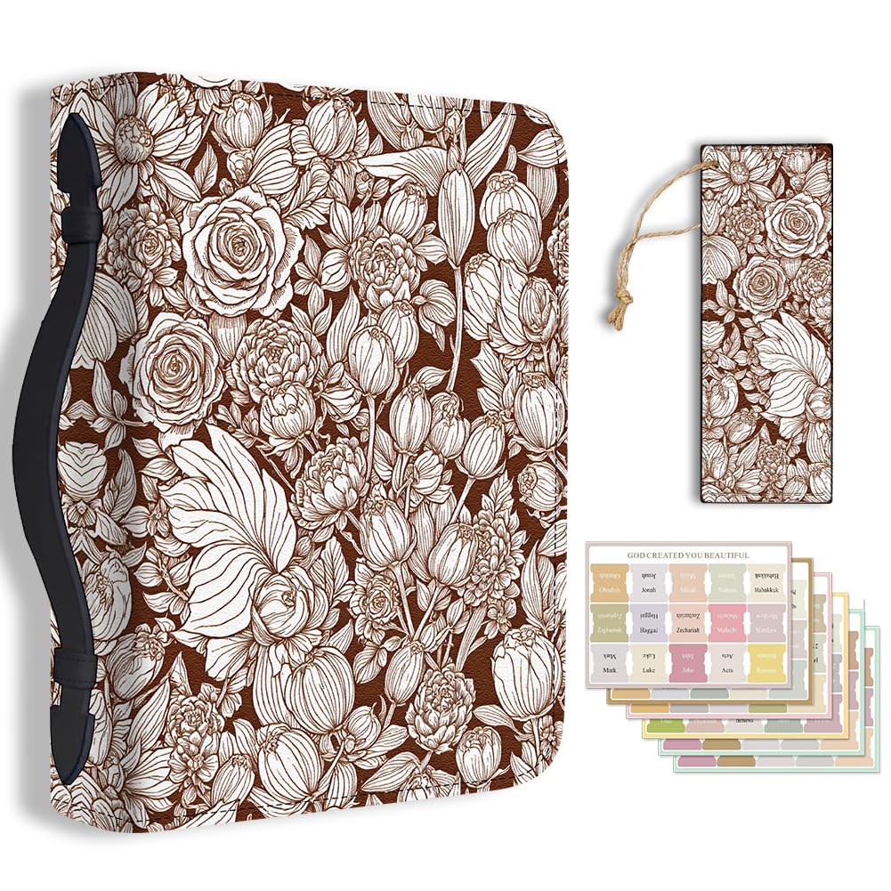 TNKBREEZE Bible Cover Vintage Flower PU Leather Bible Case with Bookmark Line Art Bible Note Books Carrying Accessories for Women Men Christian Gift 11.2x8x2.3 In