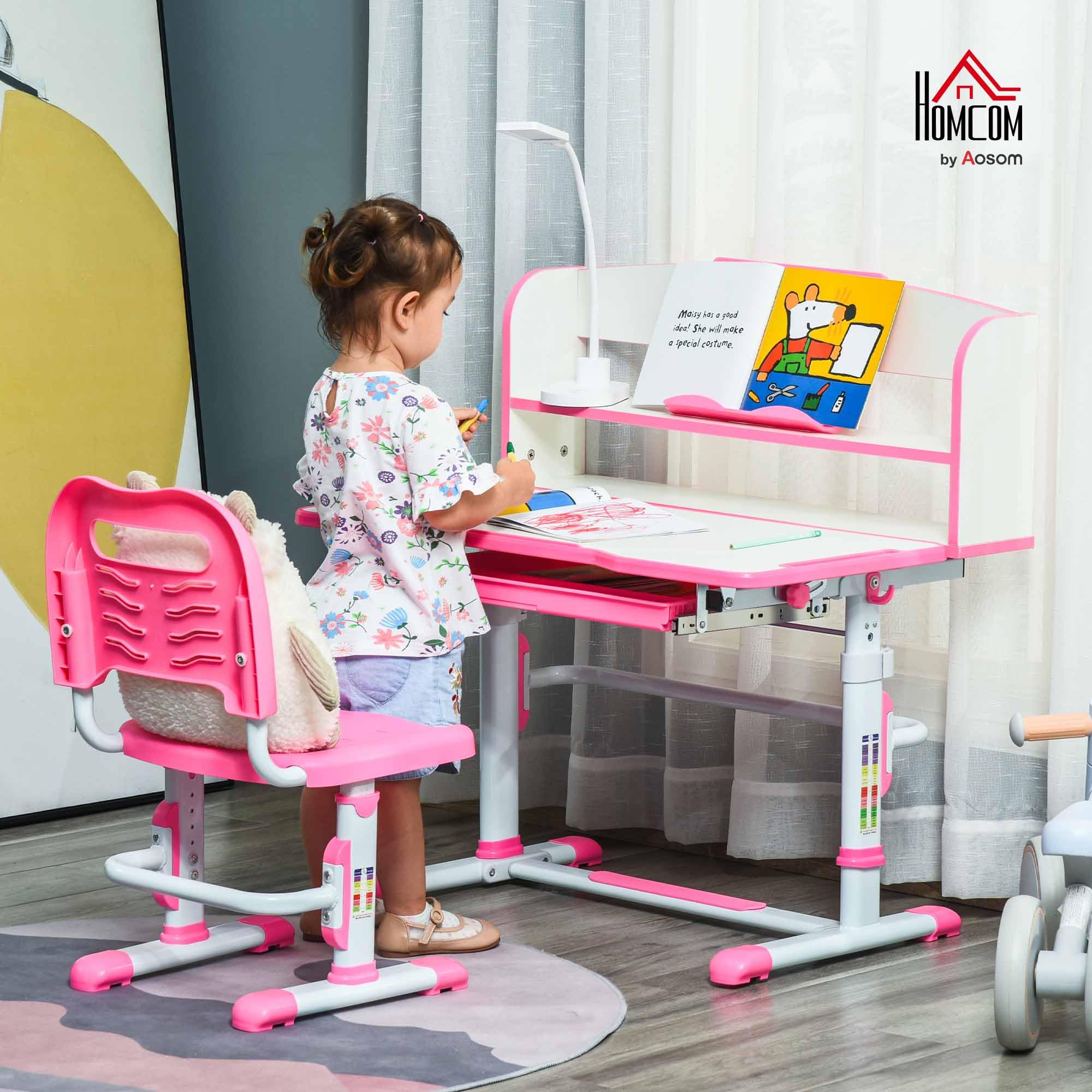 HOMCOM Set Scrivania e Sedia per Bambini 6-12 Anni Regolabili in Altezza, Banco Scuola con Piano Inclinabile 45°, Lampada, Cassetto, Scaffale, Portapenne e Leggio, in Acciaio e MDF, Rosa