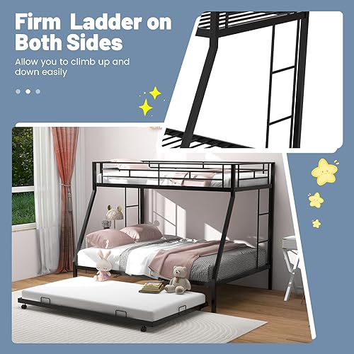 Miniatura 5 de KOMFOTT Litera individual sobre matrimonial con nido, marco de cama de metal resistente con barandilla y 2 escaleras, litera que ahorra espacio
