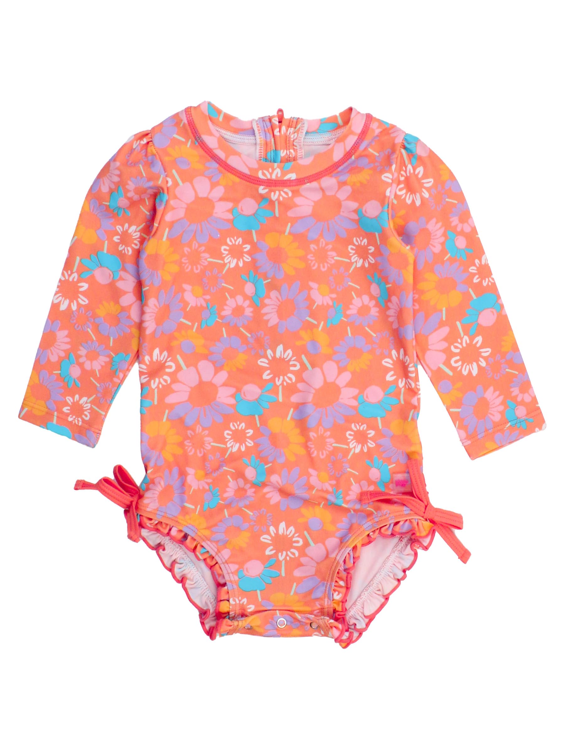 RuffleButts Maillot de Bain Une pièce Anti-éruptions cutanées pour bébé Fille, Protection Solaire UPF 50, imprimé Floral, avec Fermeture éclair - Pervenche, Jardin de Papillons, 3-6 Mois