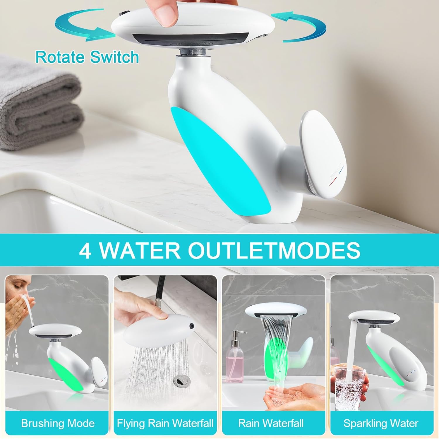 Faucet - Batteryless LED Light Temperature Display, 4 Modes (Waterfall/Rinsing/Shampoo/Bubble), 360° Pull-Out Spray for Pet & Sink Cleaning, Zinc Alloy Bathroom Faucet (White)