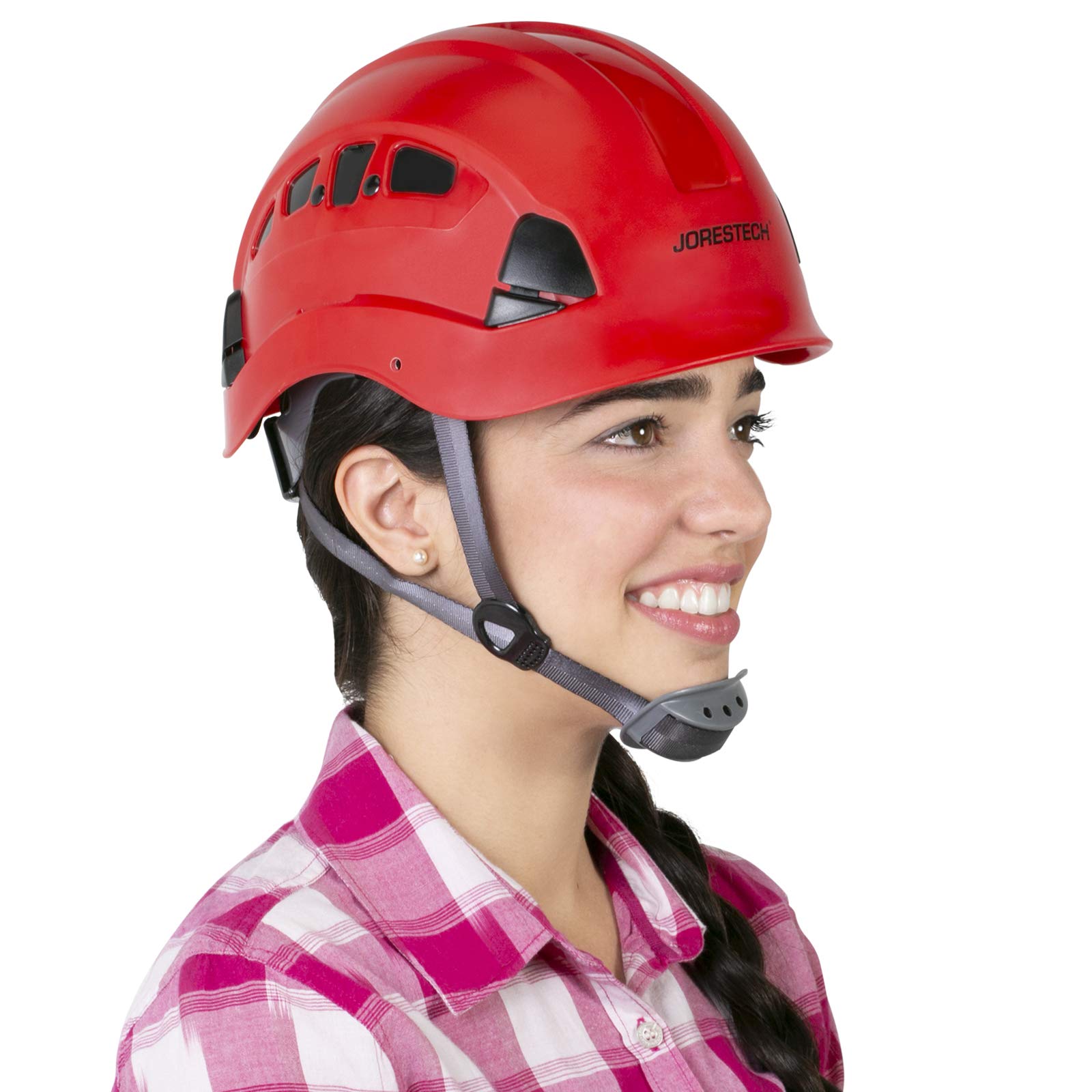 JORESTECH - ABS Work-at-Height and Rescue Hard Hat Slotted Ventilated Helmet w/Adjustable Ratchet 6-Point Suspension ANSI Z89.1-14 (Red)
