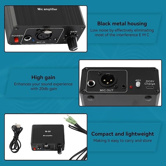 Microphone Preamp, Condenser Microphone Headphone Amplifier Audio Preamplifier Microphone Preamplifier 48v Phantom Power Xlr Output Phantom Power Supply for Any Condenser Mobile Music Equipment, Black