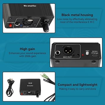 Microphone Preamp, Condenser Microphone Headphone Amplifier Audio Preamplifier Microphone Preamplifier 48v Phantom Power Xlr Output Phantom Power Supply for Any Condenser Mobile Music Equipment, Black