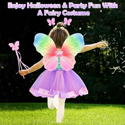 Miniatura 4 de Yotako Disfraz de hada para niñas, disfraz de princesa de hadas con alas de mariposa, tutú, varita mágica, diadema, horquilla, disfraz de mariposa