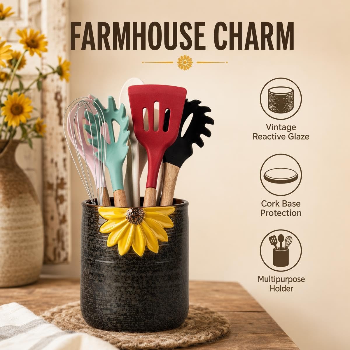 Sunflower Ceramic Utensil Crock - Kitchen Holder & Vase -2