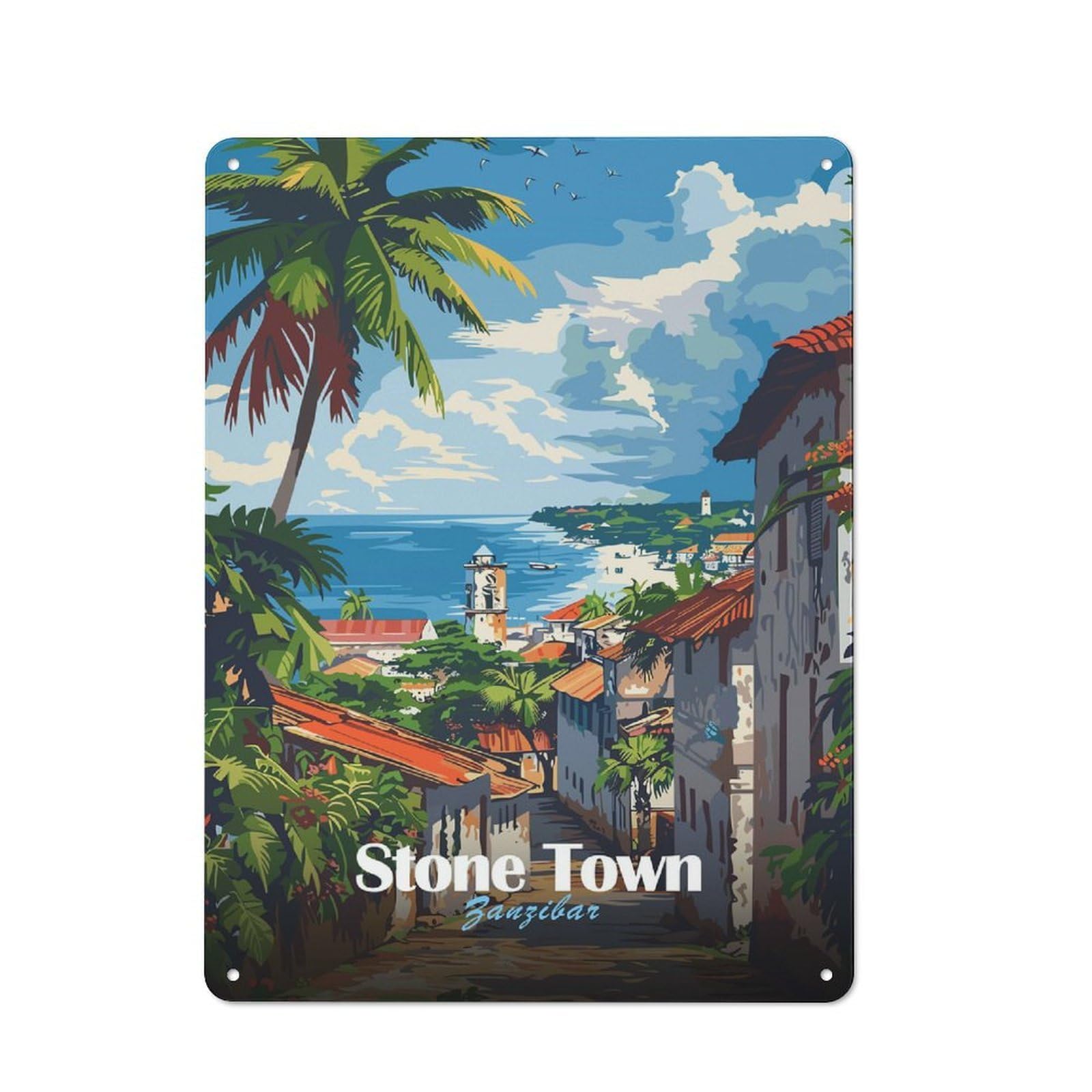 Junmoney Style-9 Tin Wall Plaque 40X30cm With Stone Town Zanzibar For Guest Room Or Hallway, For Updating Guest Room And Hallway After Moving