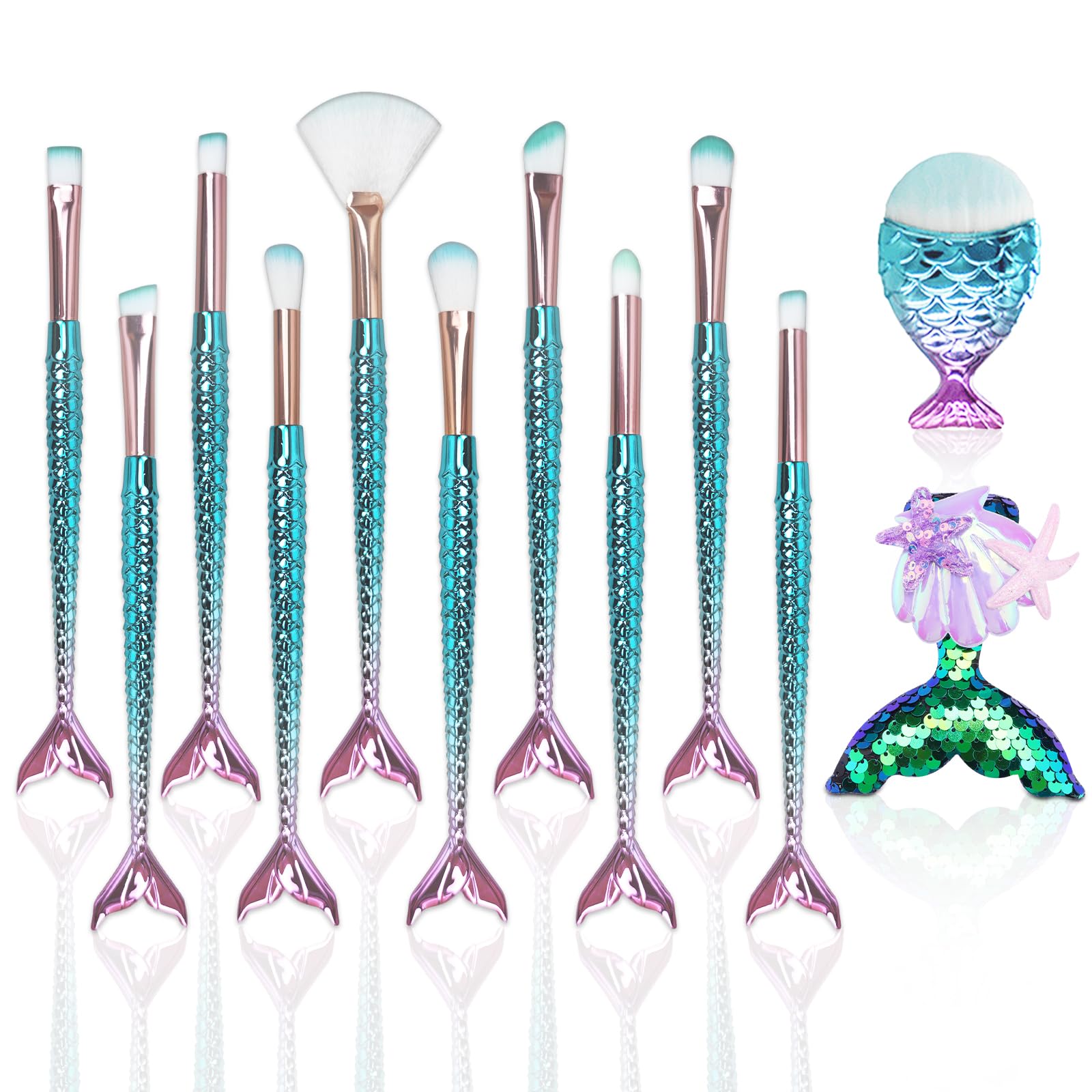 12 PCS Ensembles de Pinceaux de Maquillage de, Mermaid Maquillage Pinceaux Set avec une barrette Brosse Cosmétique de Nylon Beauté Brosses Kit Fond de Teint Poudre Crème Sourcils Eyeliner Fard à Joues