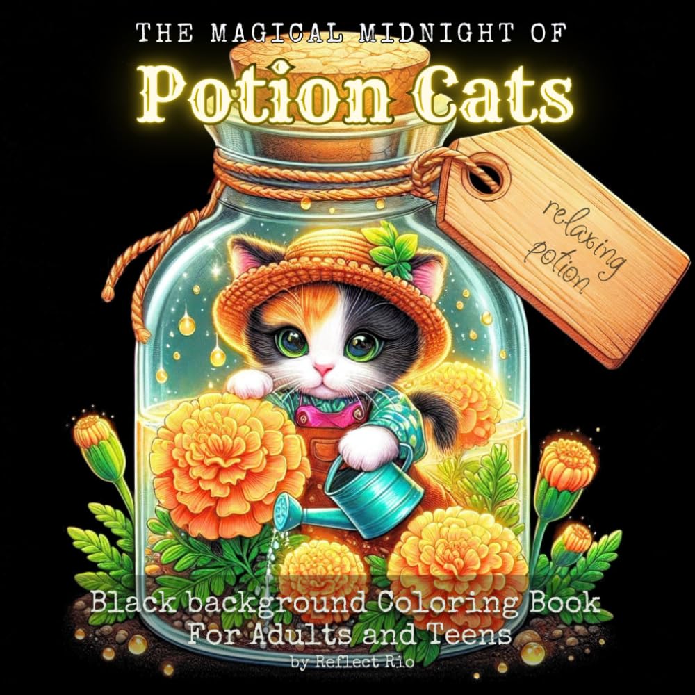 Magical Midnight of Potion Cats: A Charming Collection of Potion Cats in Magical Bottles – Relaxing and Easy Grayscale Coloring Book for Adults and ... - Black Background Coloring Book for Adults)