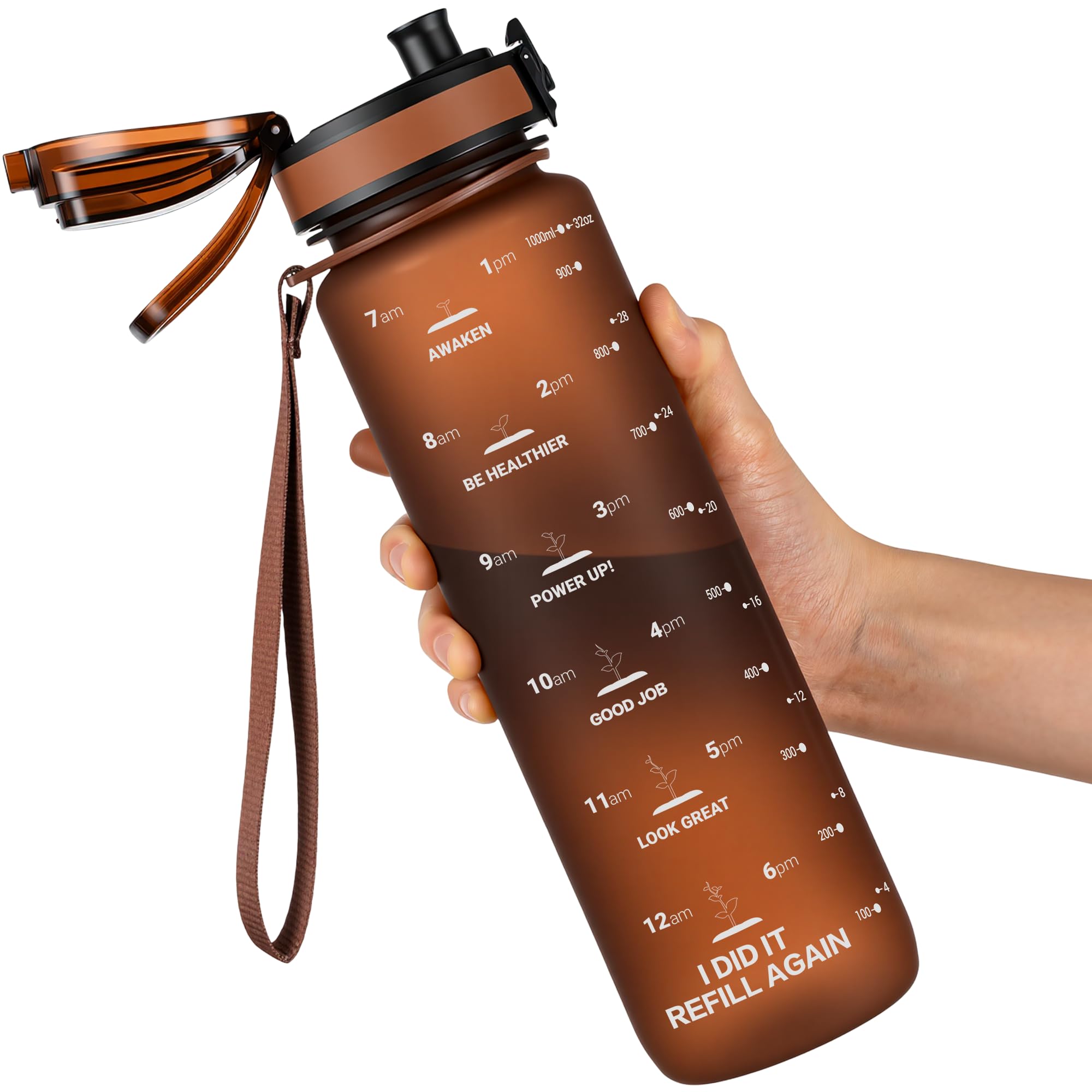 GOPPUS 1L/32oz Tritan Water Bottle (No Straw)-Soft Matte Finish Drink Bottle with Measurements Bottles with Lockable Flip Top Motivational Bottles with Time Marks for Adults BPA Free (Brown) — image 1