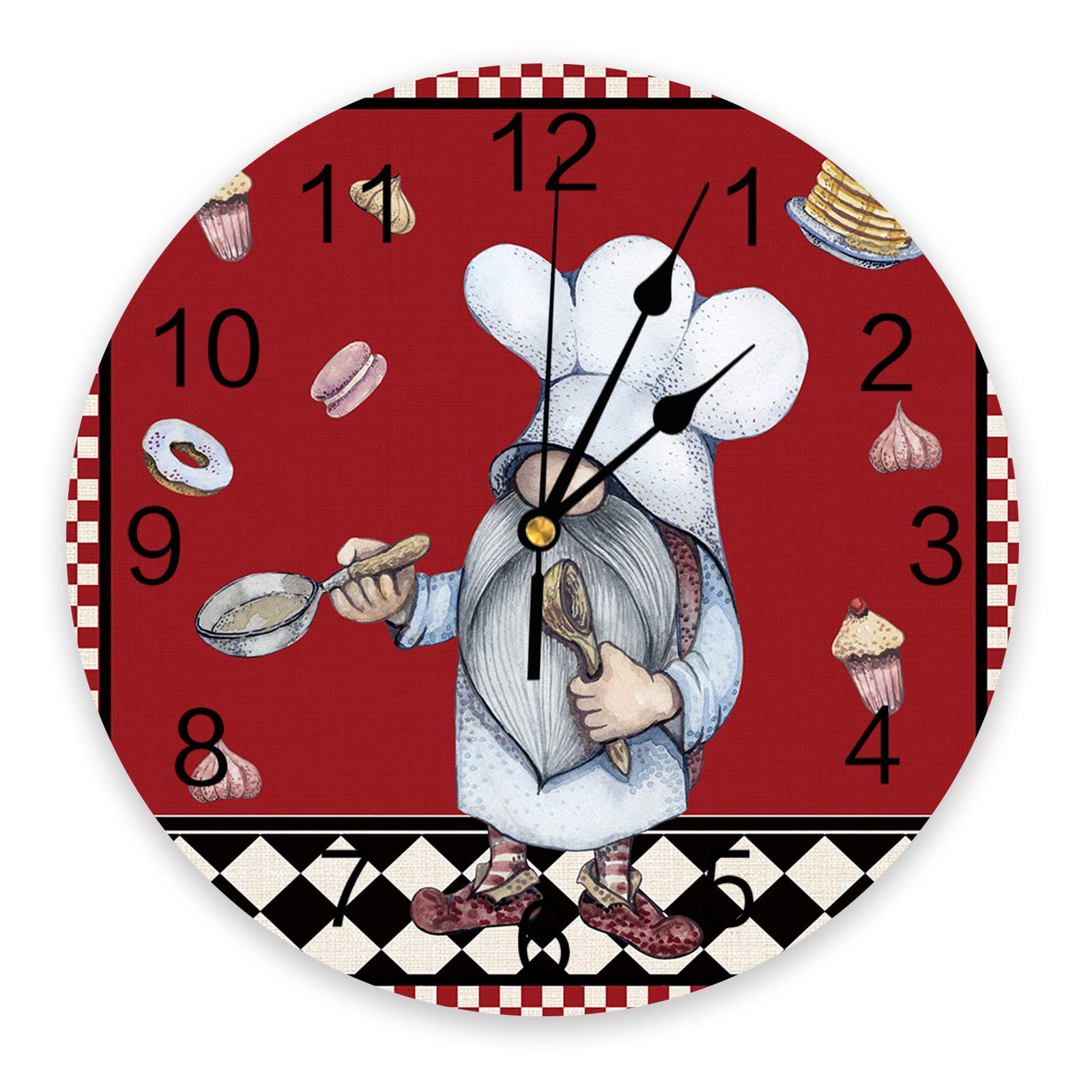 CosyBright Silent PVC Wall Clock 10 Inch Round Wall Clock Gnomes Chef Cookie Red Hanging Clock for Kitchen Non Ticking Battery Operated Living Room Mute Clock
