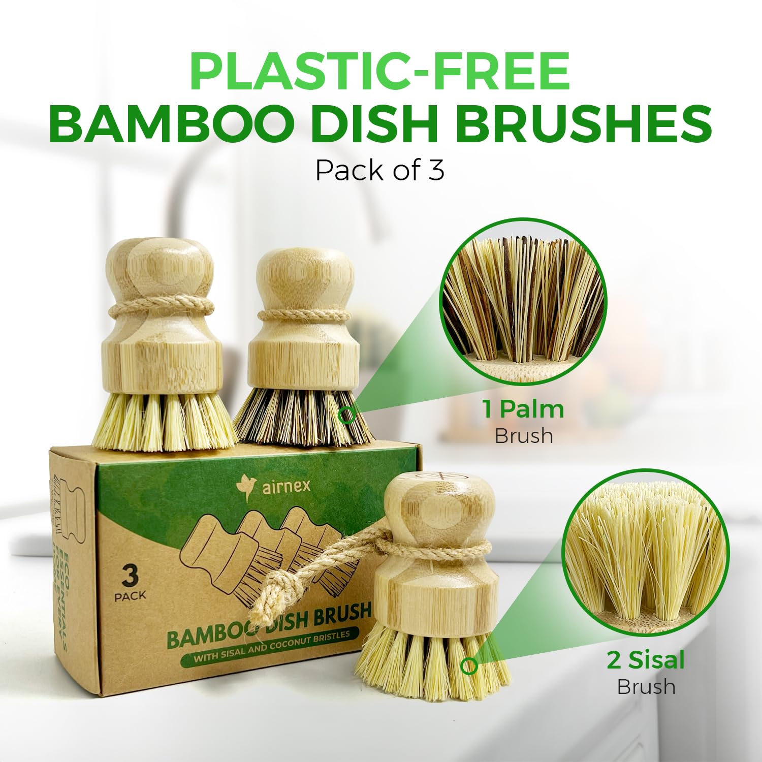 AIRNEX Set di 3 spazzole per piatti in bambù, 100% senza plastica, con sisal medio rigido e forte miscela di setole di cocco, antigraffio, inodore per legno, per pentole, padelle e verdure