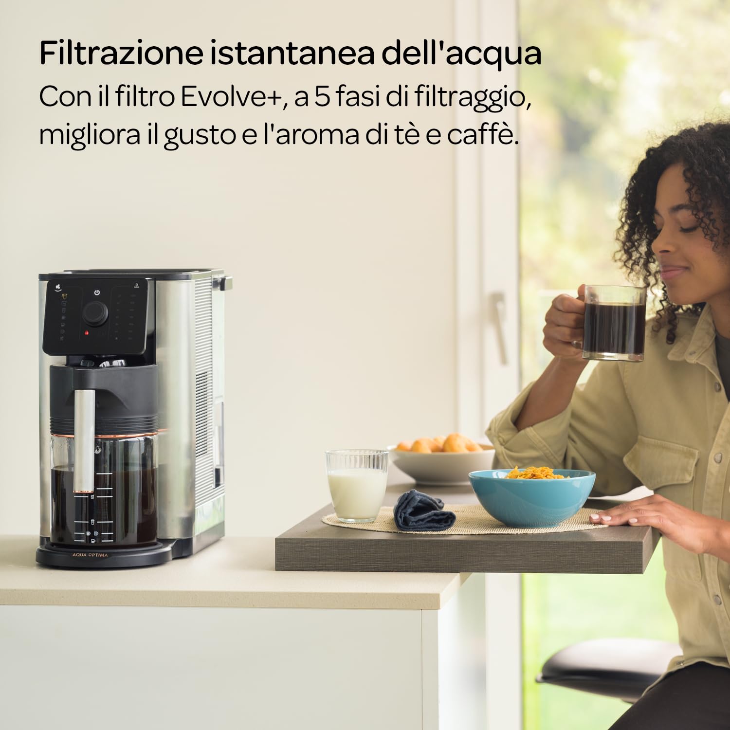 Aqua Optima Aurora Macchina da Caffè Filtrato e Distributore di Acqua Filtrata, 1 Filtro Evolve+ da 30 giorni, Risparmio Energetico, Multiuso, Temperatura ed Erogazione Variabili e Avvio Immediato