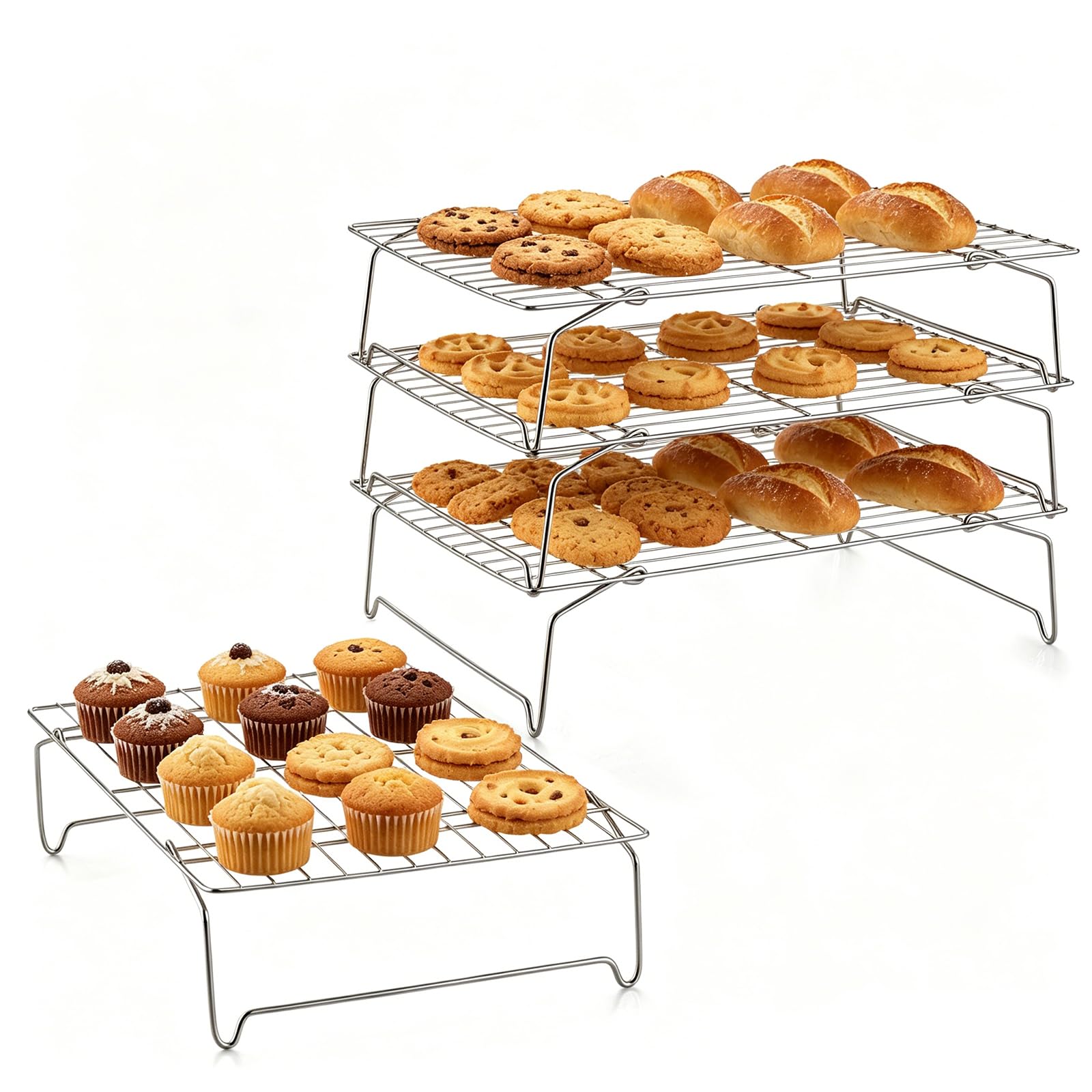 LIANYU Abkühlgitter 38,1 x 25,4 cm, 4-stöckig, stapelbar und zusammenklappbar, Edelstahl-Backdraht-Gestelle zum Kochen, Backen, Braten, Trocknen, ofen- und spülmaschinenfest, silberfarben