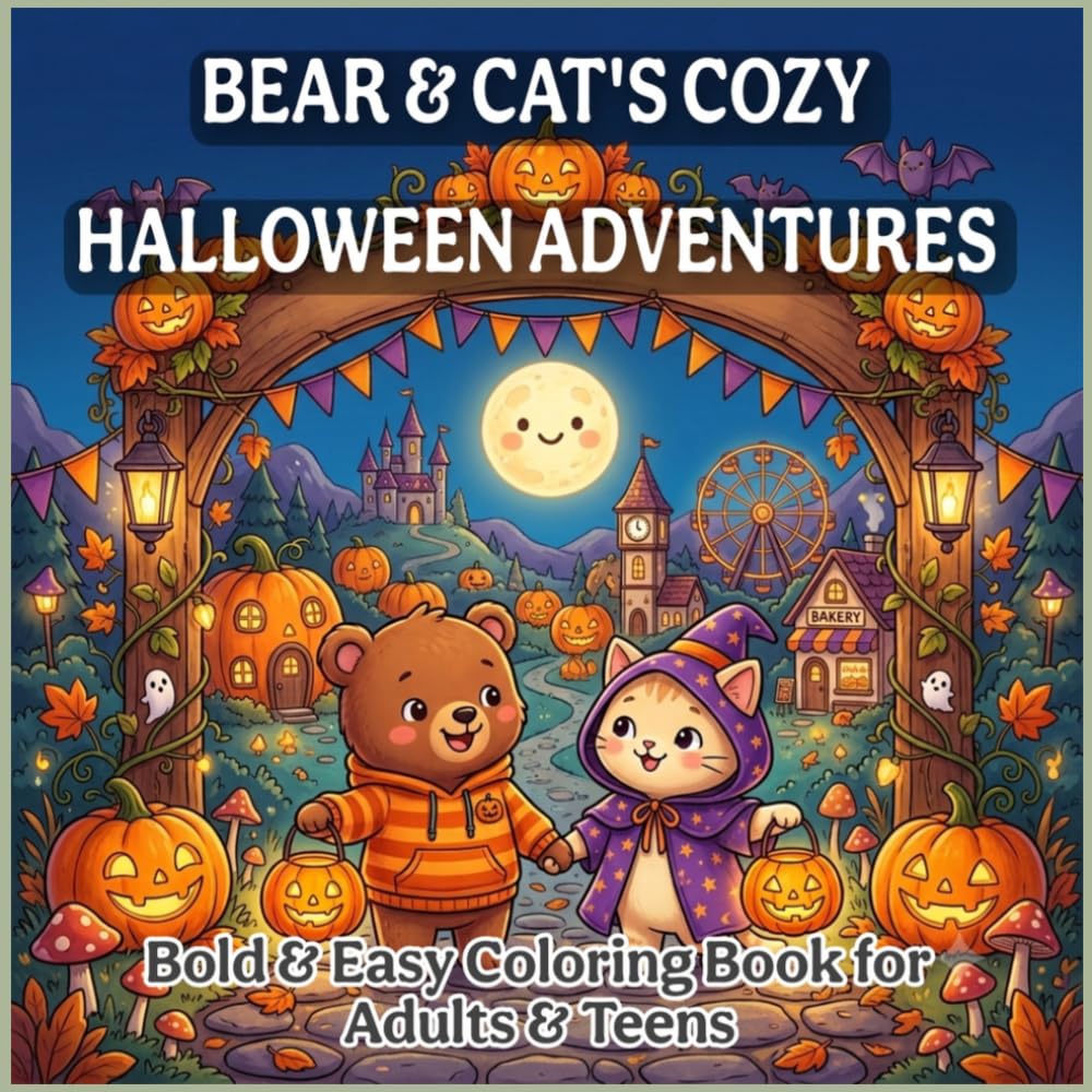 Bear & Cat's Cozy Halloween Adventures: Bold and Easy Coloring Pages Featuring Friendly Ghosts, Pumpkins, Magical Forests, Cozy Villages, and ... Adults and Teens (Bear & Cat Cozy Adventures)