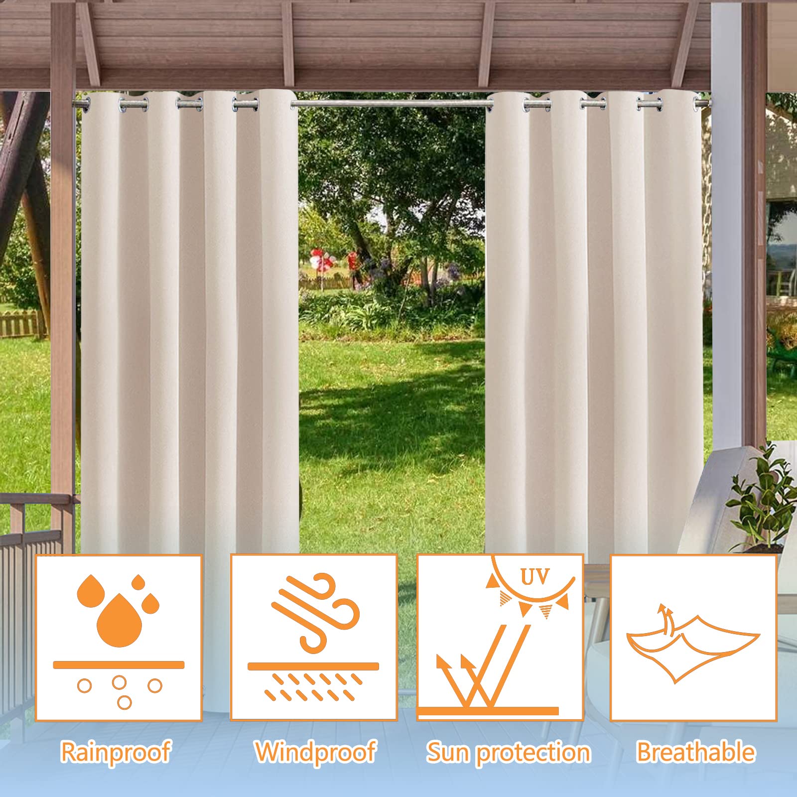 Tenda impermeabile da esterno per pergolato da giardino beige antivento drappeggio con occhiello staccabile a prova di scolorimento 73,7 x 114,3 cm, 1 pezzo