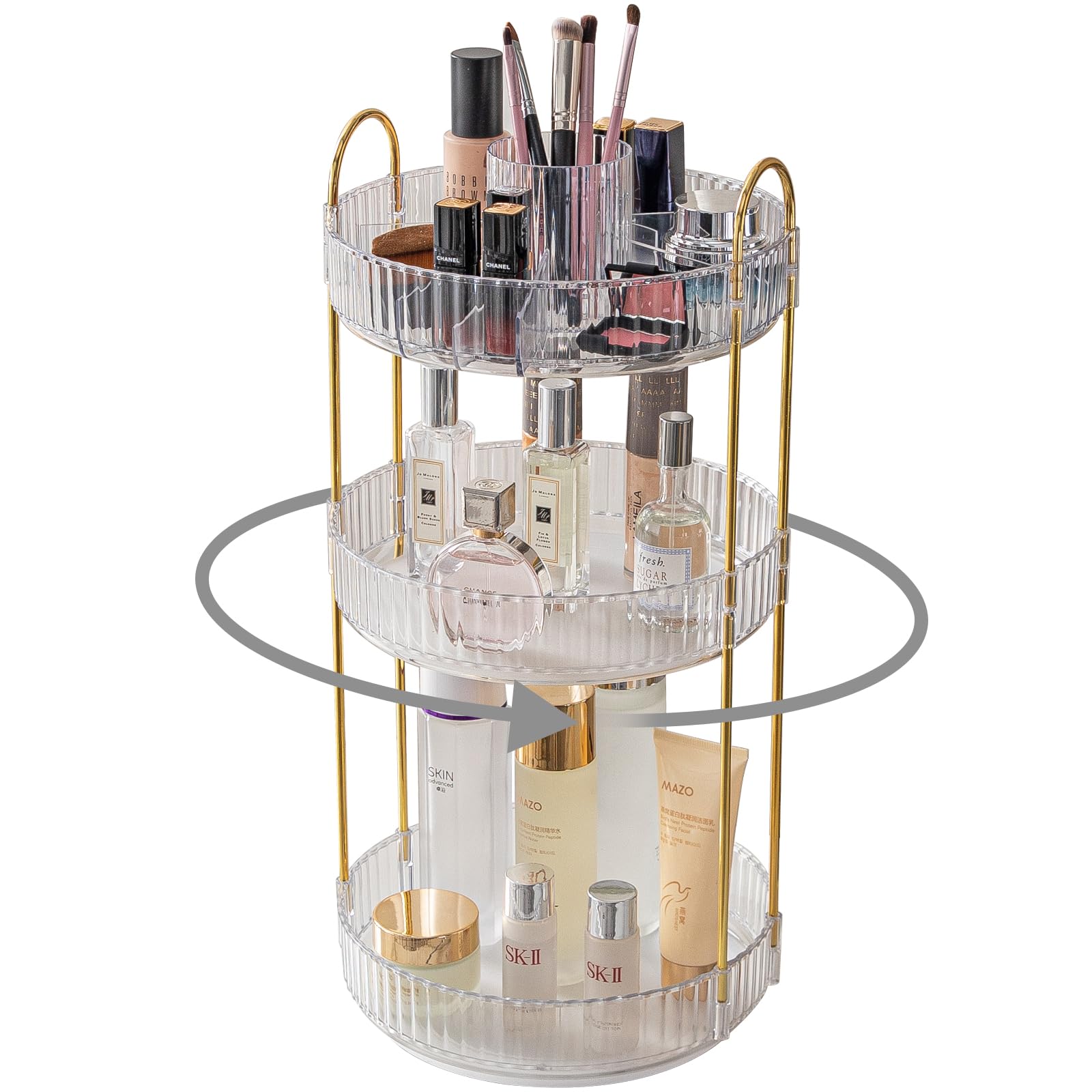 360° Rotating Makeup Organizer, Large-Capacity Skincare Make Up Storage 3 Tier Perfume Organizers Cosmetic Dresser Organizer with Makeup Brush Holder, Fits Bedroom, Bathroom, Vanity Shelf Countertop