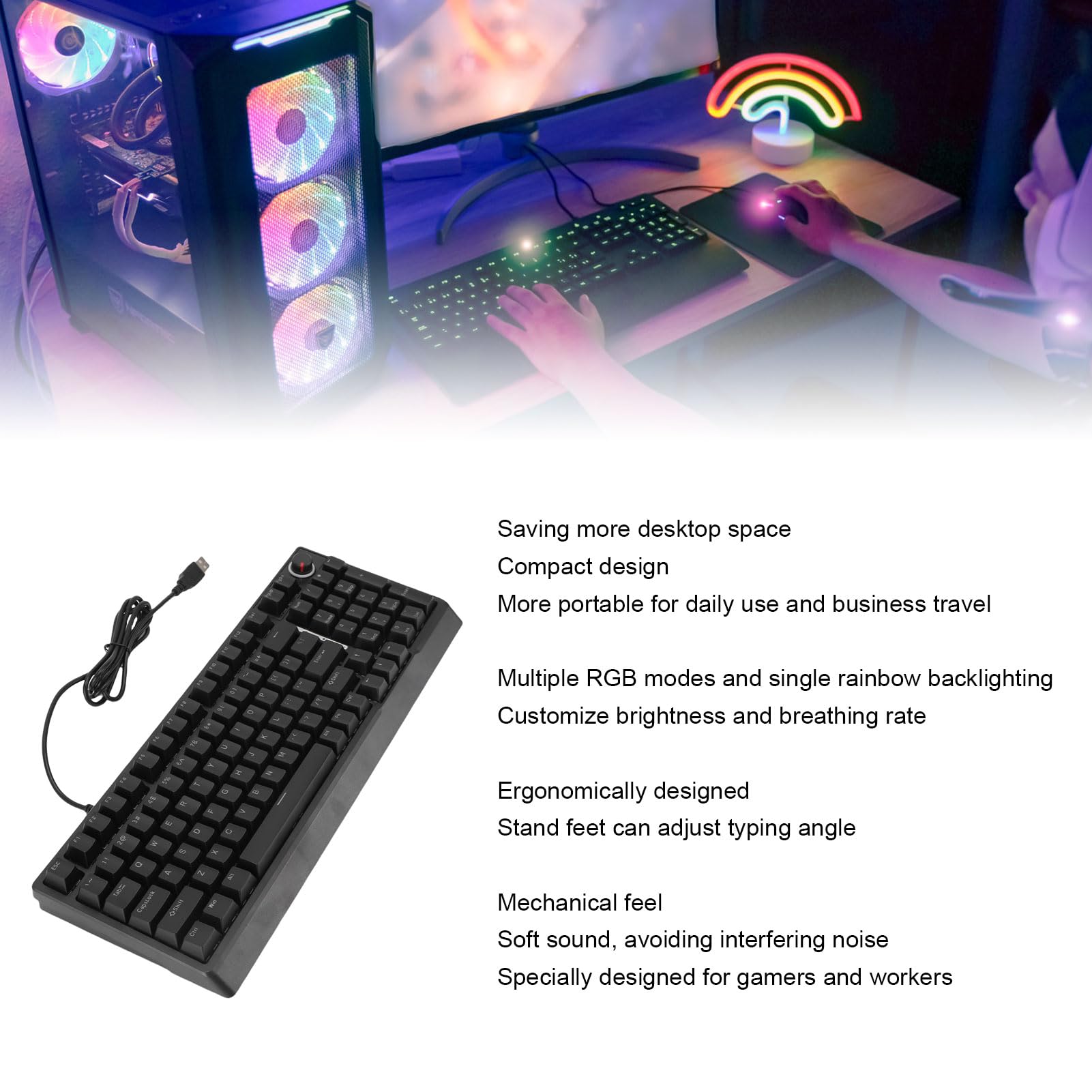 XUMIUZIY Przewodowa Klawiatura Gier RGB, Klawisze 98 Klawisze Mechaniczne klawiaturę Gier z Pokrętłem, Wiele Trybów RGB, 80% Układ, Ciche Ergonomiczne Klawiatury na PC, Laptop