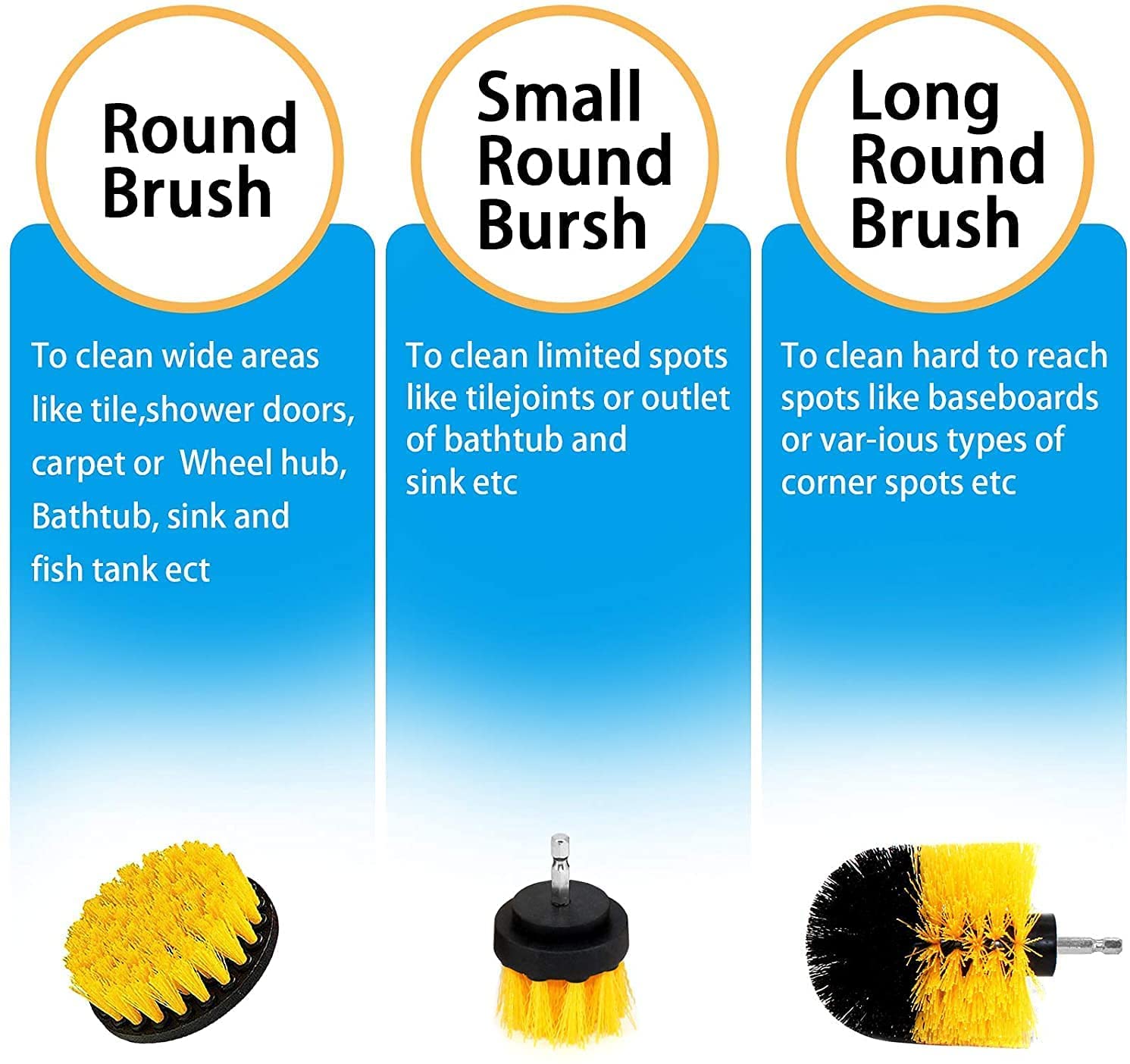 DOCAT Drill Brush Power Scrubber Bathroom Cleaning Brush Attachment Set Multi-Purpose Scrub Brush for Grout Floor Tub Shower Tile Bathroom and Kitchen Surface Drill Machine Not Included (Yellow) 3