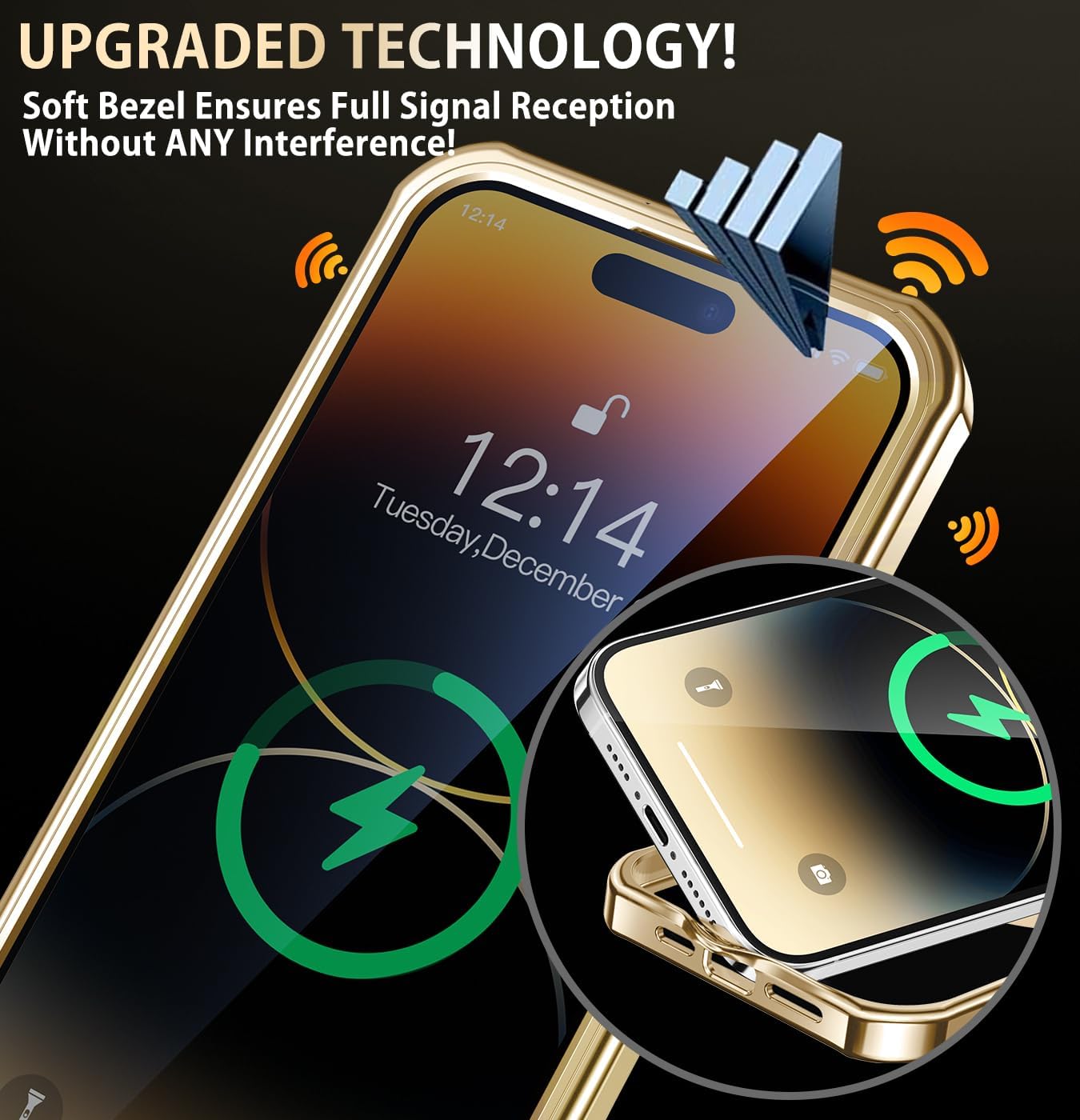[CD Metal Ring Stand + Built-in Privacy Screen Protector] Magnetic Case for iPhone 14 Pro Max 6.7" [Soft Bumper Full Signal] [Compatible with MagSafe] 9H Glass Full Body Shockproof Clear Case, Gold - Image 5