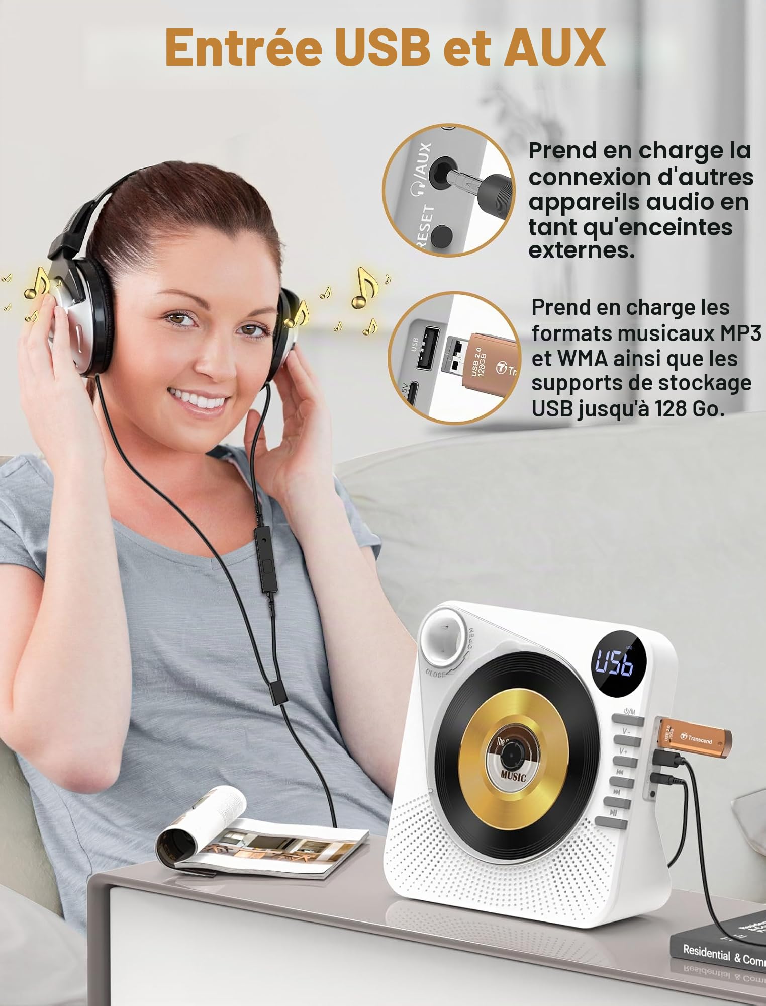 Lecteur CD Portable Greadio avec Bluetooth 5.1, lecteurs CD pour la Maison, Lecteur CD avec Haut-parleurs, télécommande, Housse de Protection, écran LED, Son Hi-FI, Lecture Via AUX/USB (Blanc)