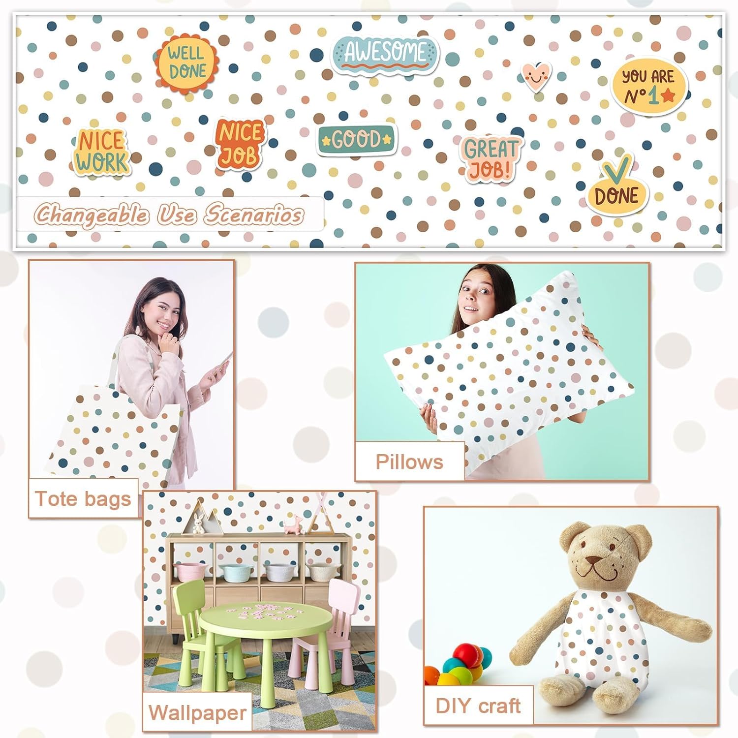 Classroom Fabric Bulletin Board 47x141inch Boho Dots White Back to School Classroom Backdrops Decorations for Wall Door Background, DIY Craft, Bulletin Boards, Pillows, Curtains, Reusable, Easy to Cut