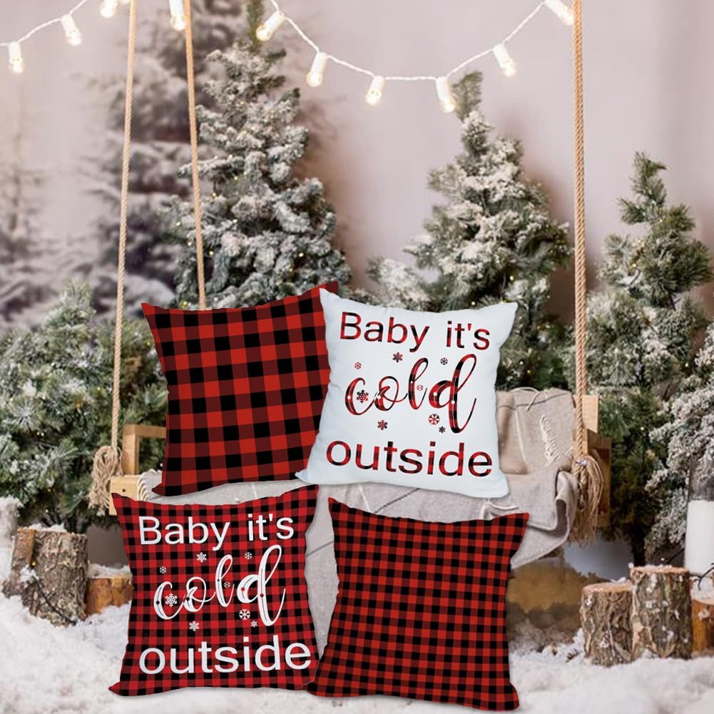 Christmas Outdoor Waterproof Pillow Covers 20x20 Inch Set of 4 Red and Black Buffalo Plaid Throw Pillow Covers Baby It's Cold Outside Winter Holiday Decor Pillow Cases for Patio Garden