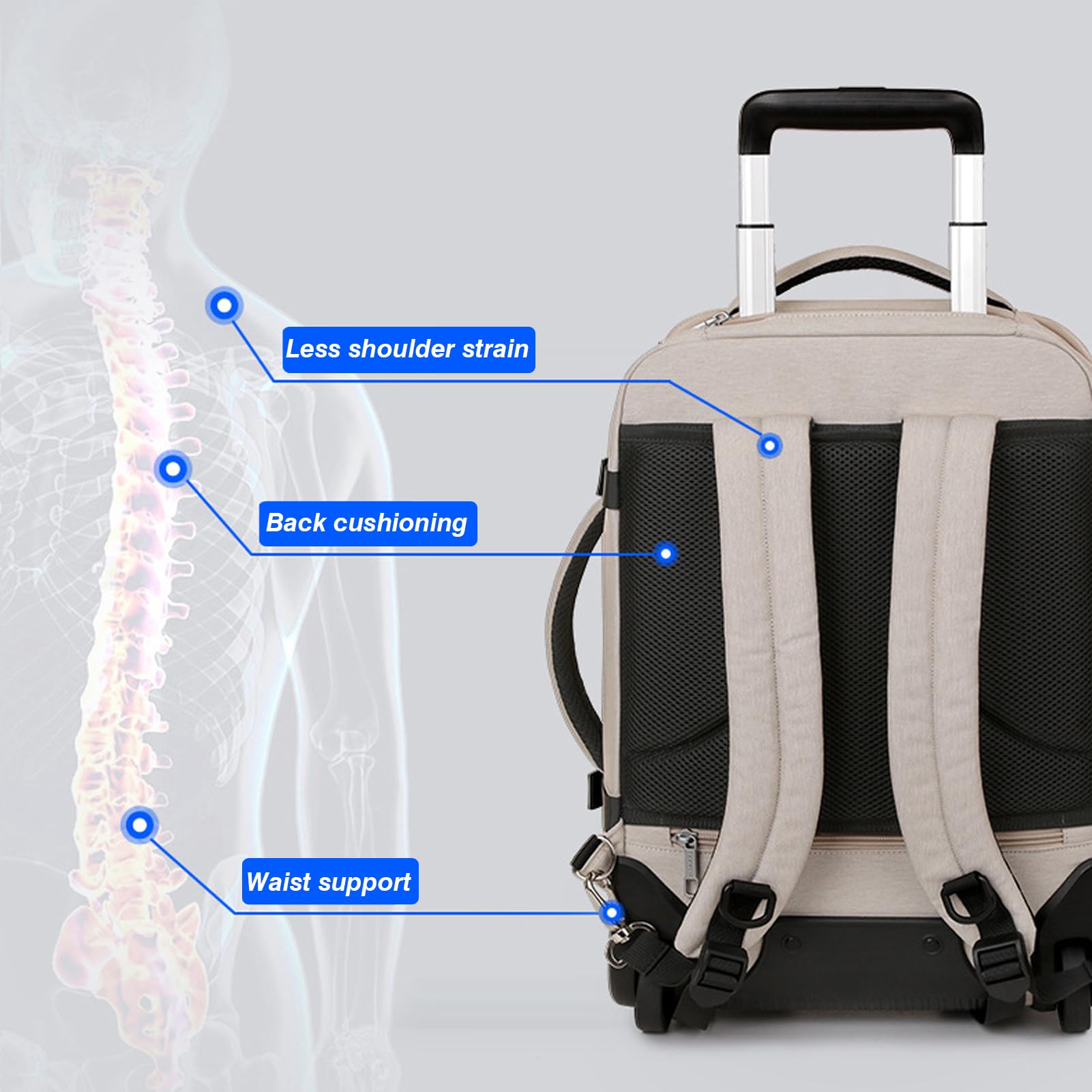 Mochila con Ruedas Adulto,Mochila Viaje Cabina Avion, Grande y Resistente, Compatible con Portátil de 16 Pulgadas, Ideal para Viajes, Trabajo y Escuela，Azul