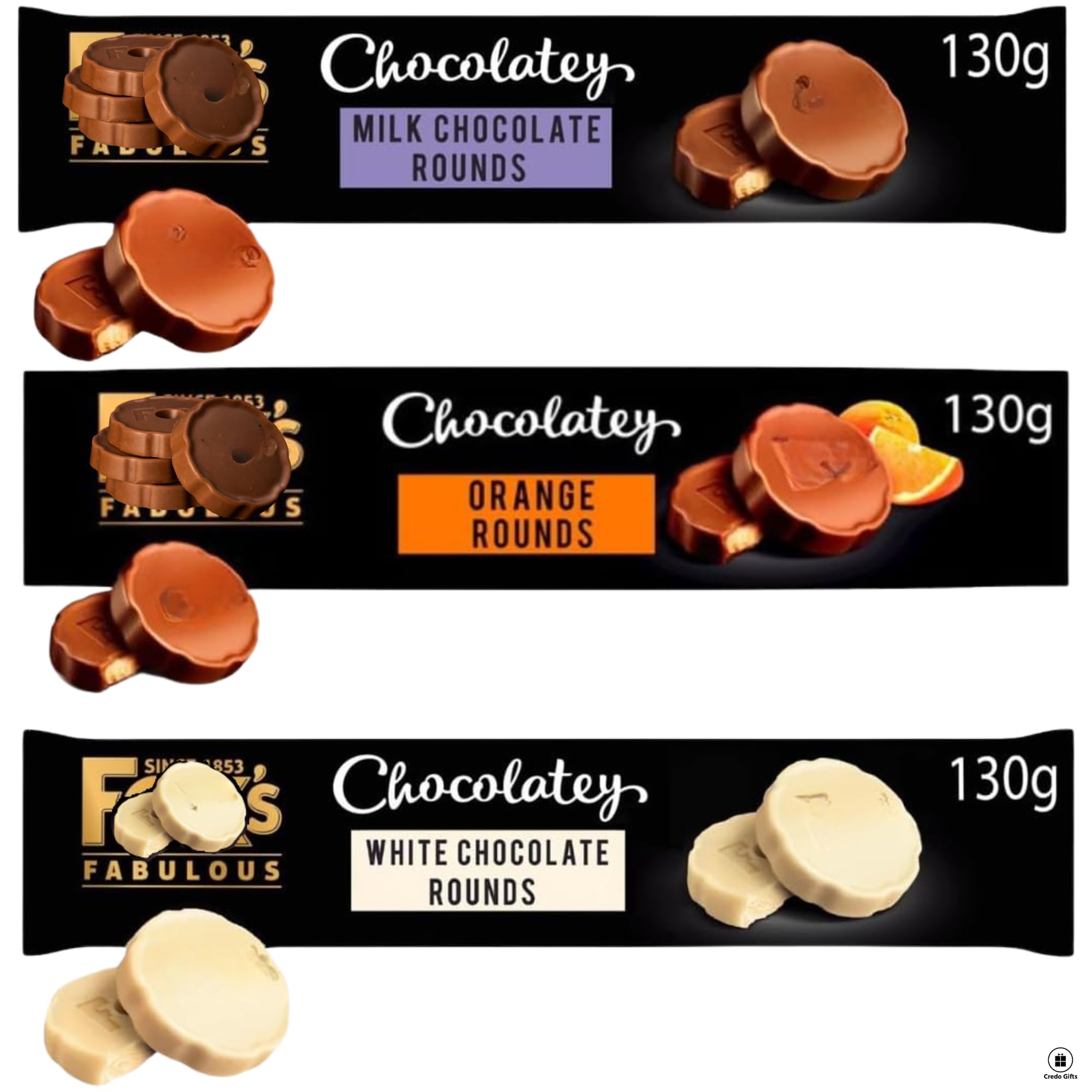 Chocolate Biscuit Bundle With Fox's Biscuits Chocolatey Milk, Orange and White 130g Chocolate Rounds (3x130g Pack)