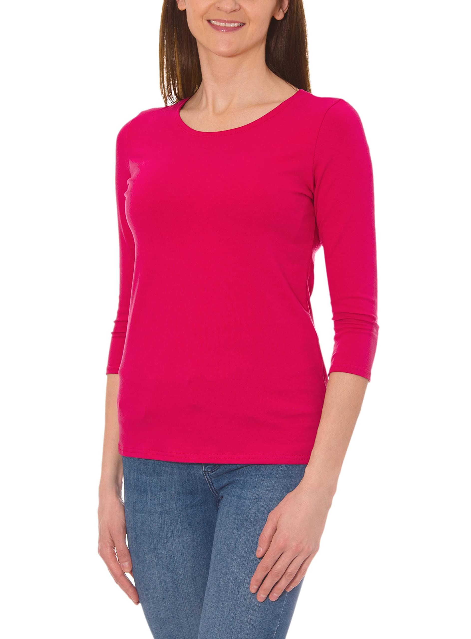 Alkato Women's 3/4 Sleeve Shirt with Round Neck, Amaranth, M