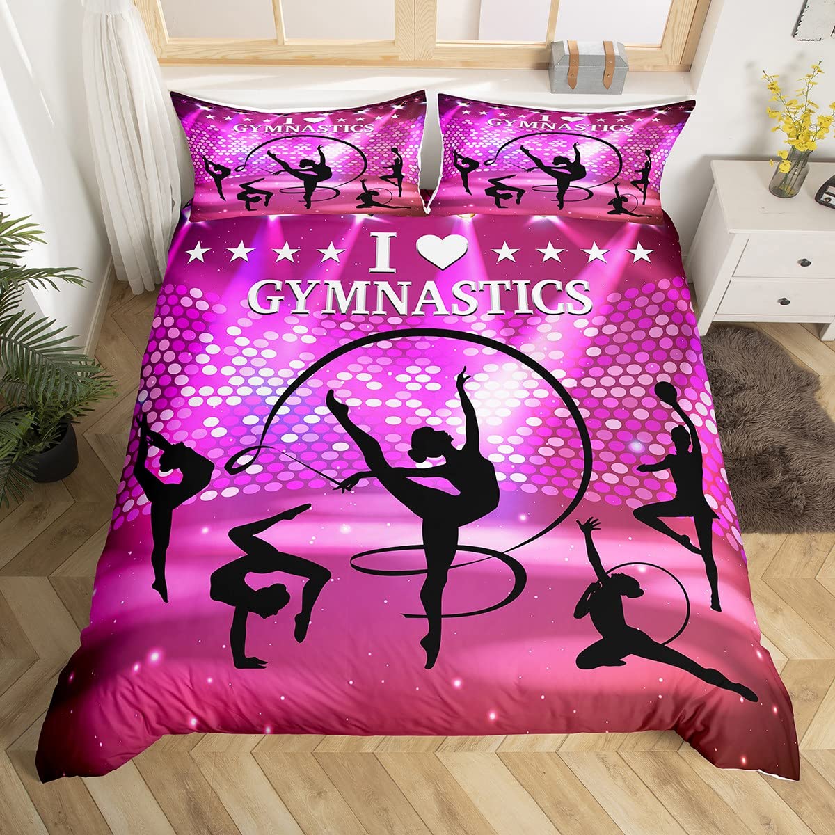 Feelingyou Girls Gymnastics Art Duvet Cover,Children Bedding Set,Stage Lighting Comforter Cover For Kids Room Decor,Women Dance Art Lightweight Bedspread Cover King Size With 2 Pillow Cases
