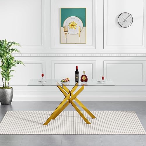 Miniatura 3 de SSLine Moderno juego de mesa de comedor de cristal dorado de 5 piezas para 4 mesas de cocina y sillas rectangulares de lujo de vidrio para 4, mesa