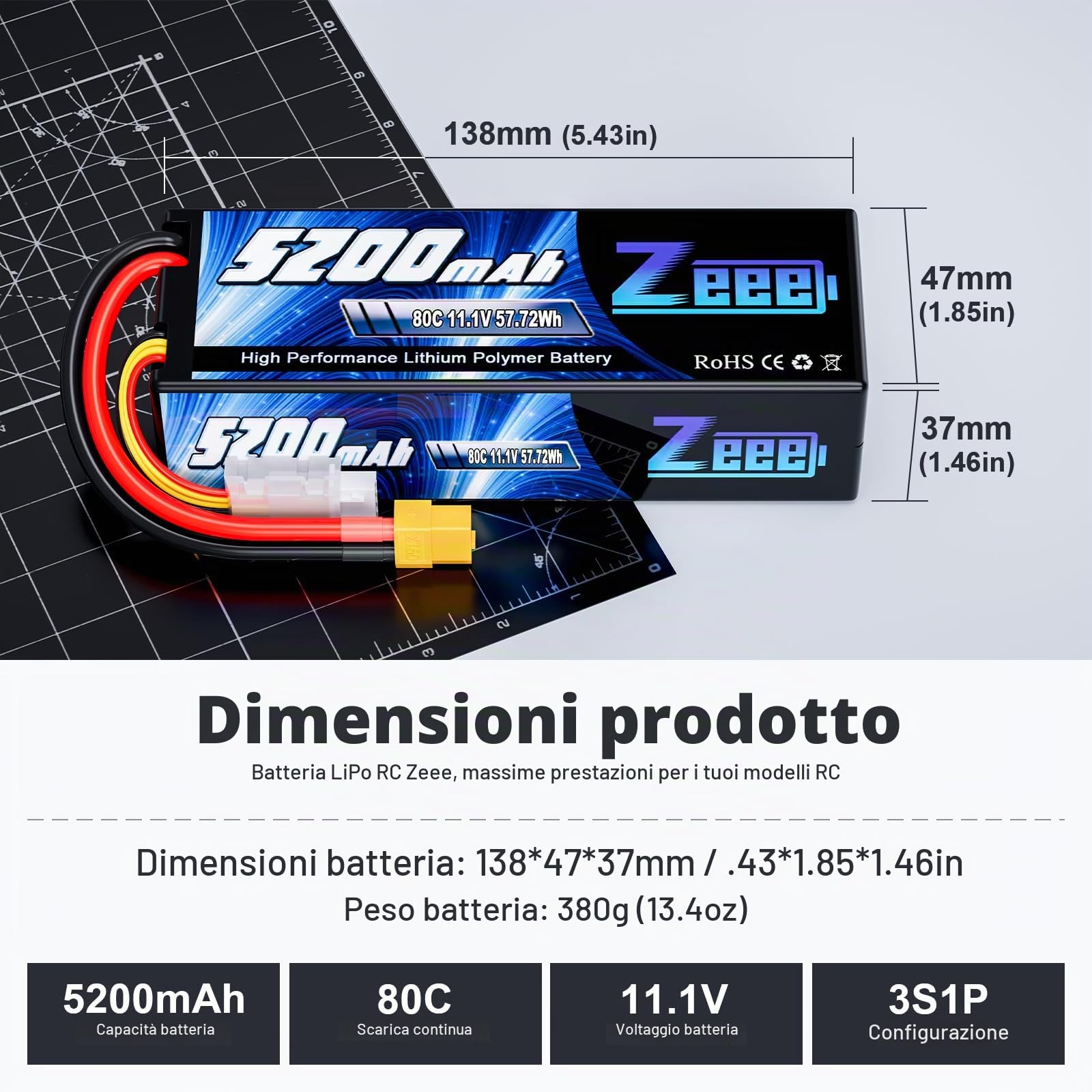 Zeee 3S Lipo 5200mAh 11.1V 80C RC Batteria Spina XT60 (2 pezzi)