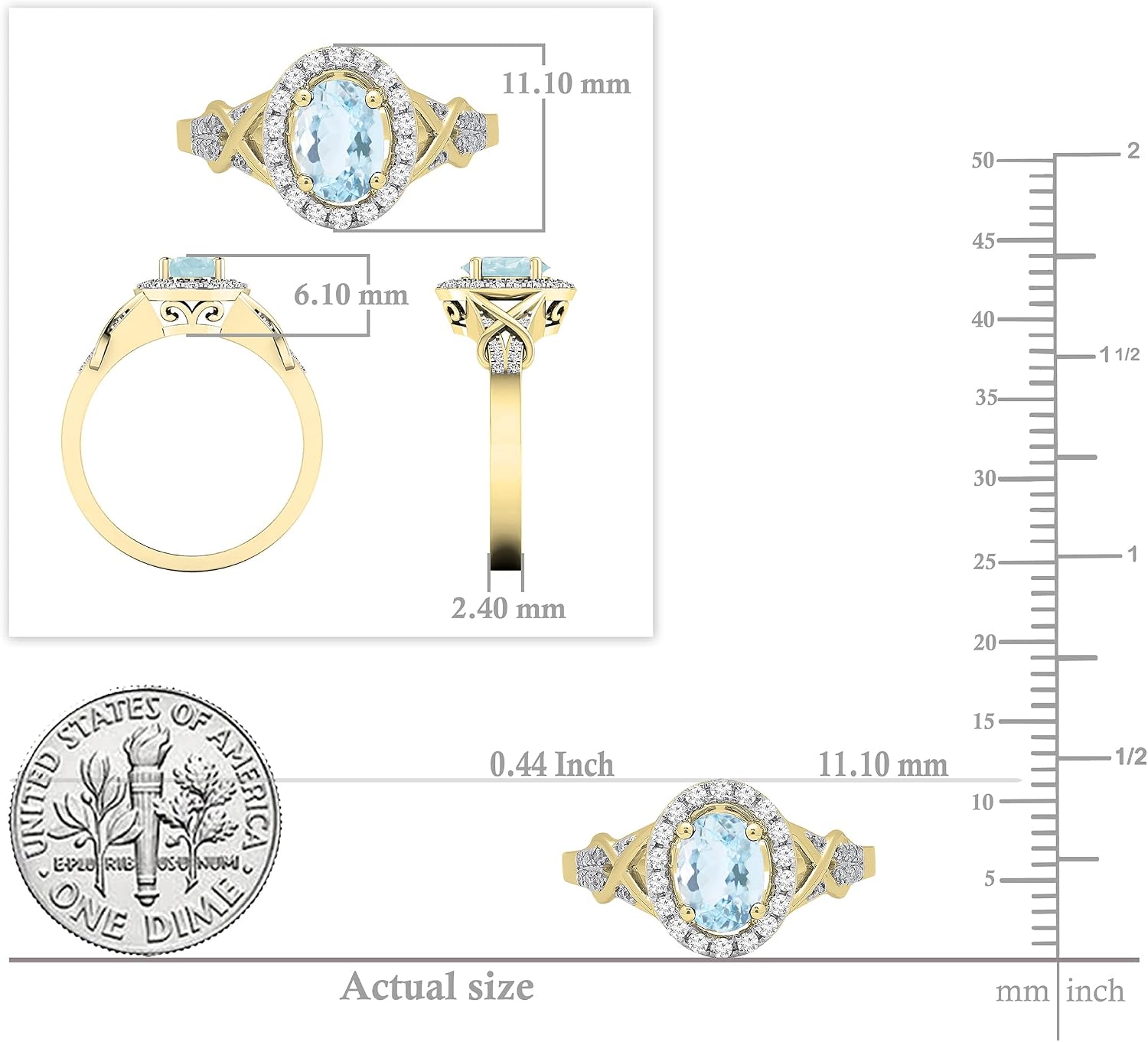 Dazzlingrock Collection 7x5mm Oval Aquamarine & Round White Diamond Split Shank Halo Engagement Ring for Women in 10K Solid Yellow Gold, Size 7