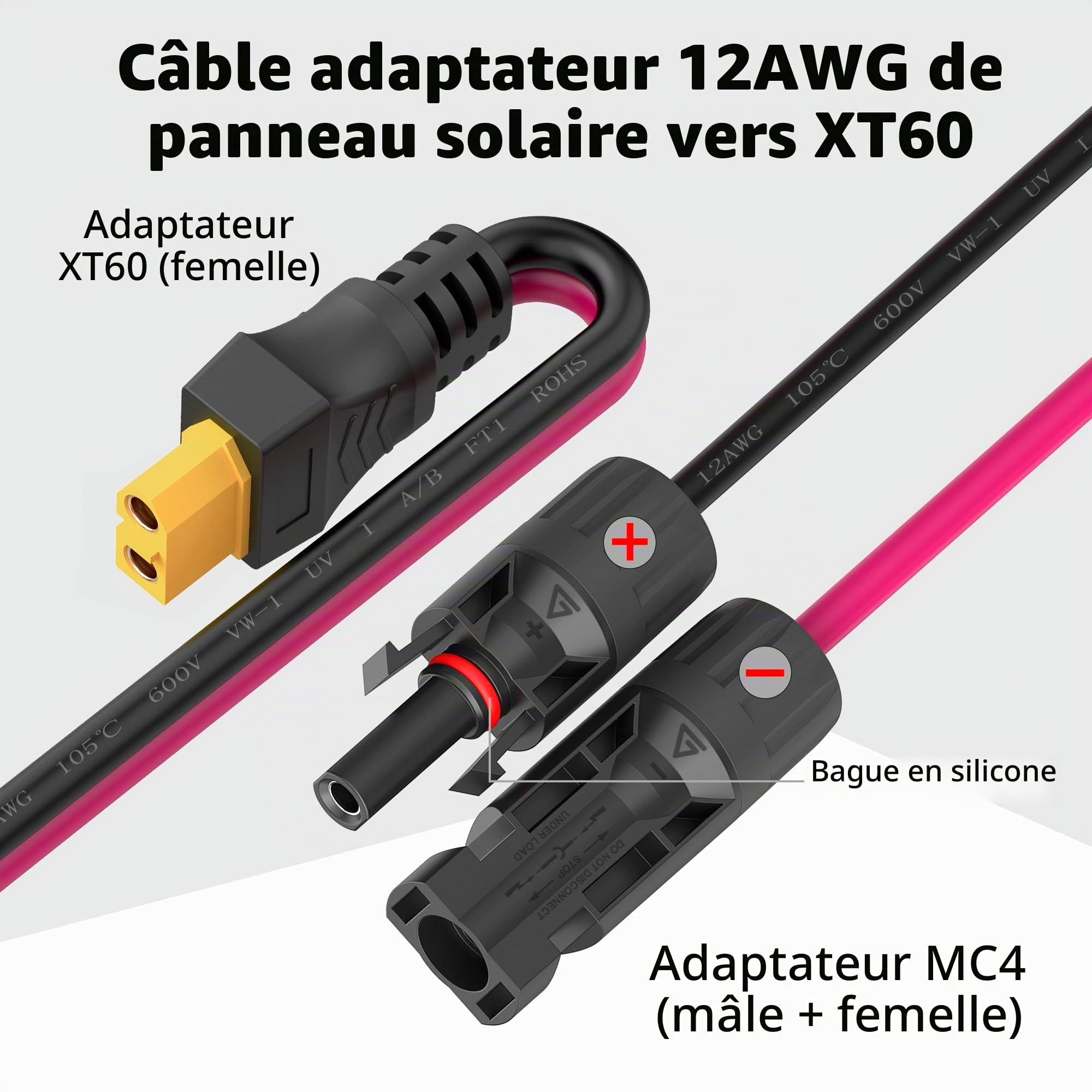 HIEbee Câble solaire 12 AWG vers XT60i - Fiche solaire vers XT60i - Câble adaptateur pour centrale électrique portable (9,9 FT)