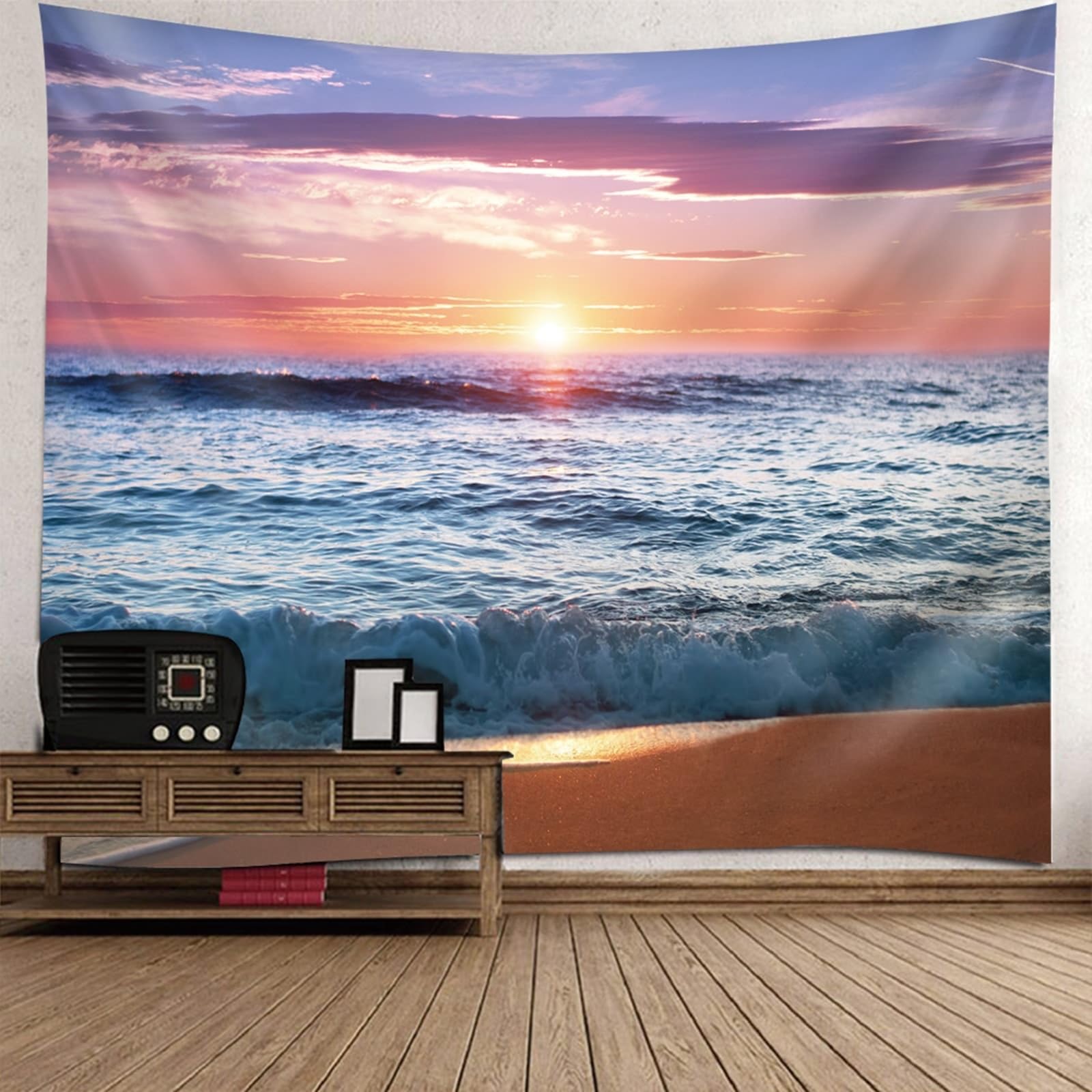 KnSam Wandbehang Blau Orange, Landschaft Natur Wandteppich Meeresufer Strand Sonnenaufgang Tapisserie Wandbehang XXL Polyester Wandtücher für Tischdecke Wohnzimmer Decor, 300x256cm